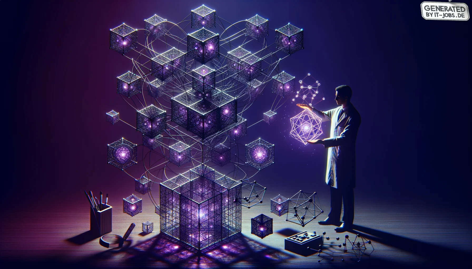 Spezialist für Benutzerakzeptanztests, surrealism style, impossible objects, realistic materials, dark purple main theme