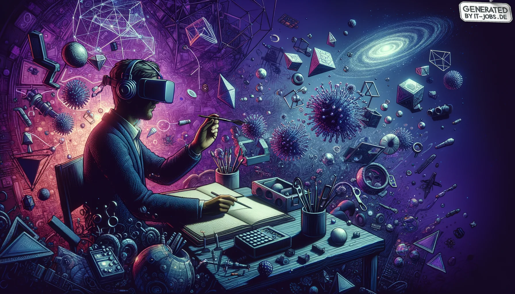 Virtual Reality Entwickler, surrealism style, impossible objects, realistic materials, dark purple main theme
