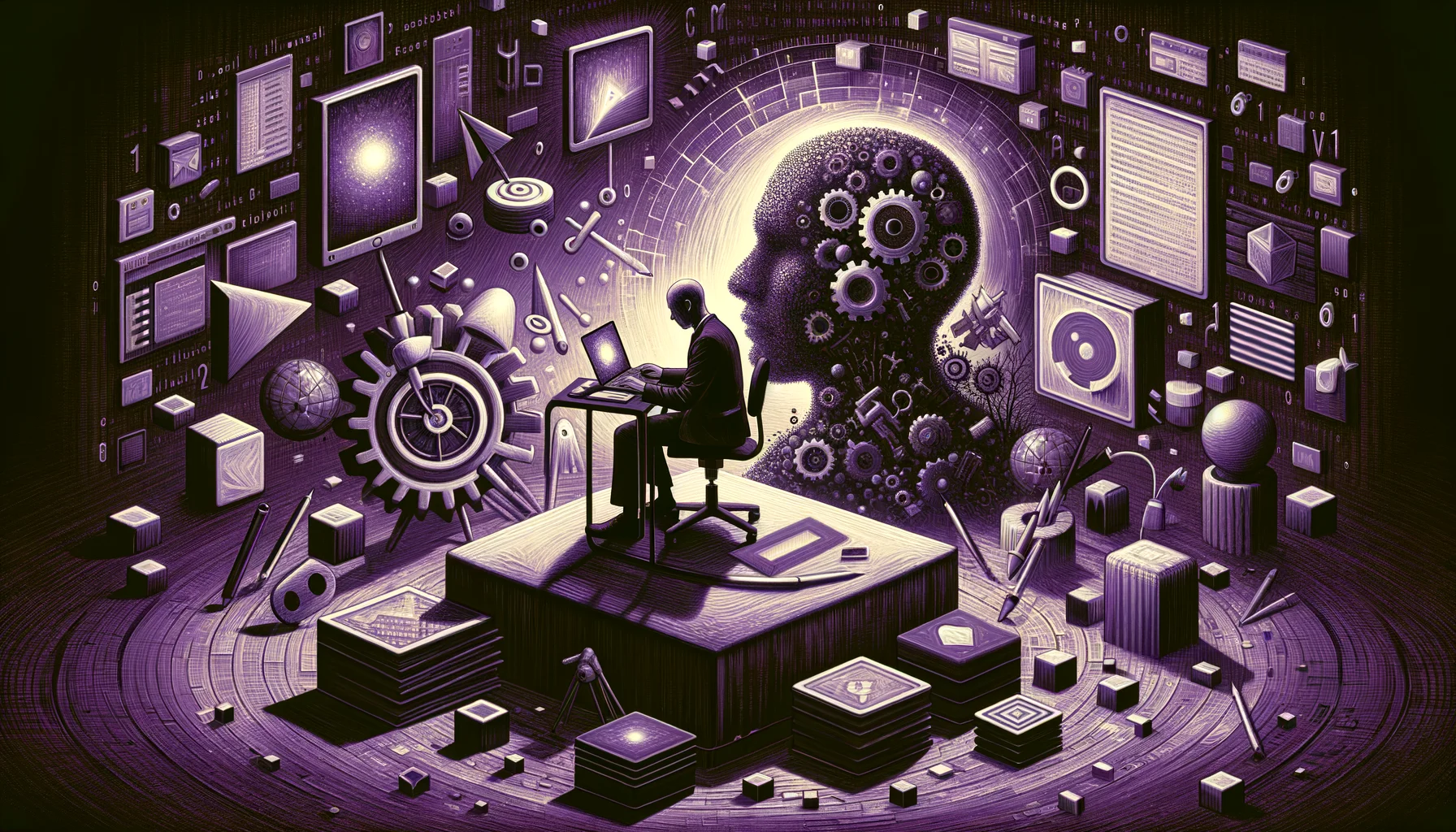 Chief Digital Officer, surrealism style, impossible objects, realistic materials, dark purple main theme