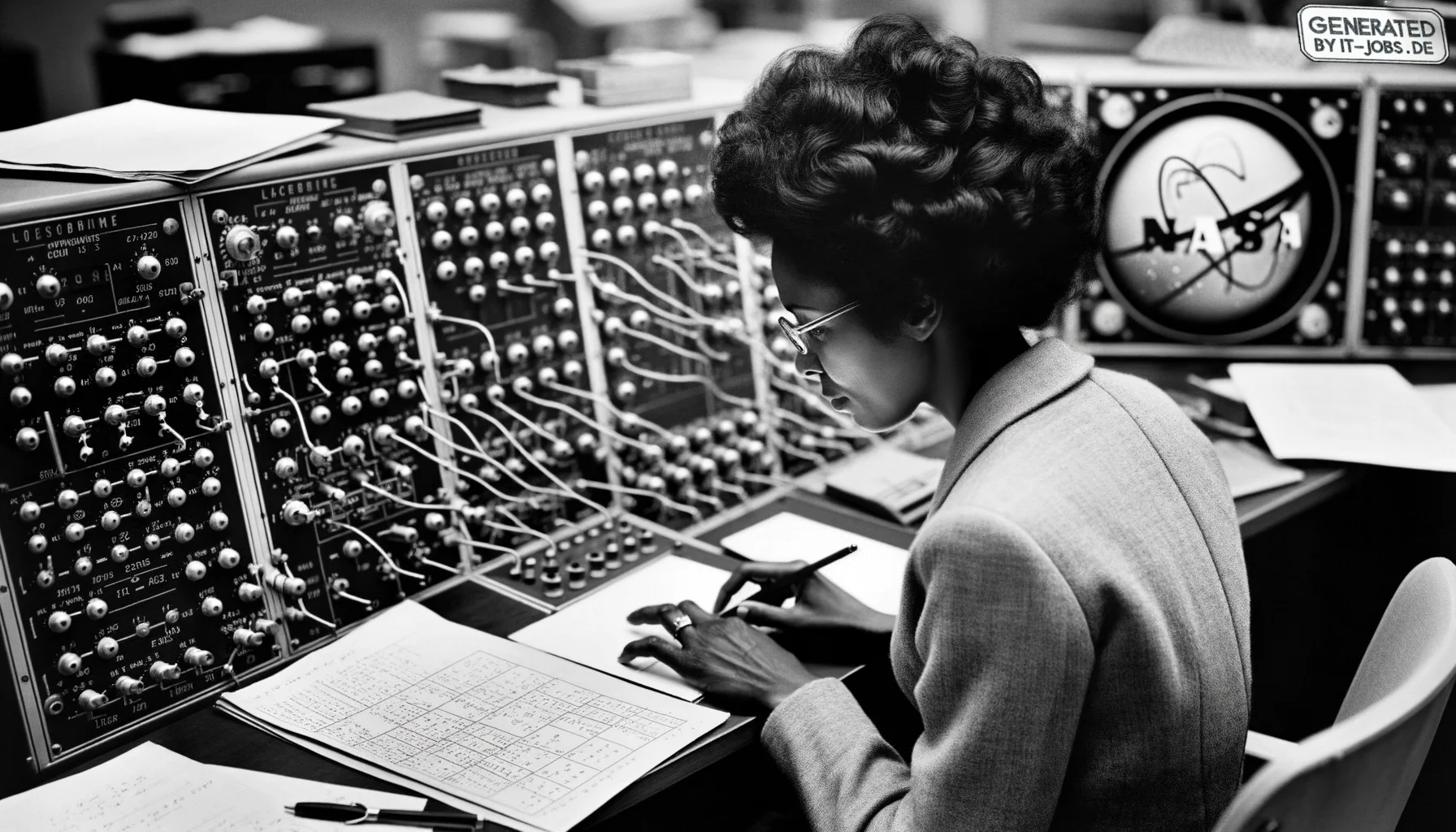 "Eine afroamerikanische Mathematikerin im 20. Jahrhundert, die Raumfahrtberechnungen für die NASA durchführte und dabei half, Menschen auf den Mond zu bringen", photo, view from behind