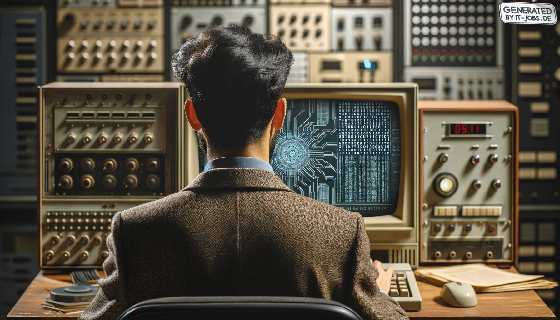 "Ein männlicher Computerwissenschaftler des 20. Jahrhunderts, der die grundlegenden Prinzipien der digitalen Kommunikation und Datenverarbeitung entwickelte", photo, view from behind