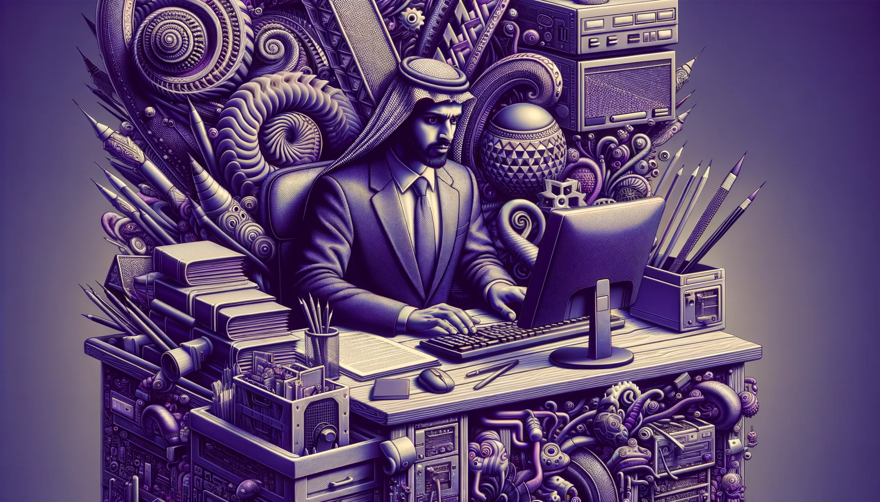 It Consultant, surrealism style, impossible objects, realistic materials, dark purple main theme