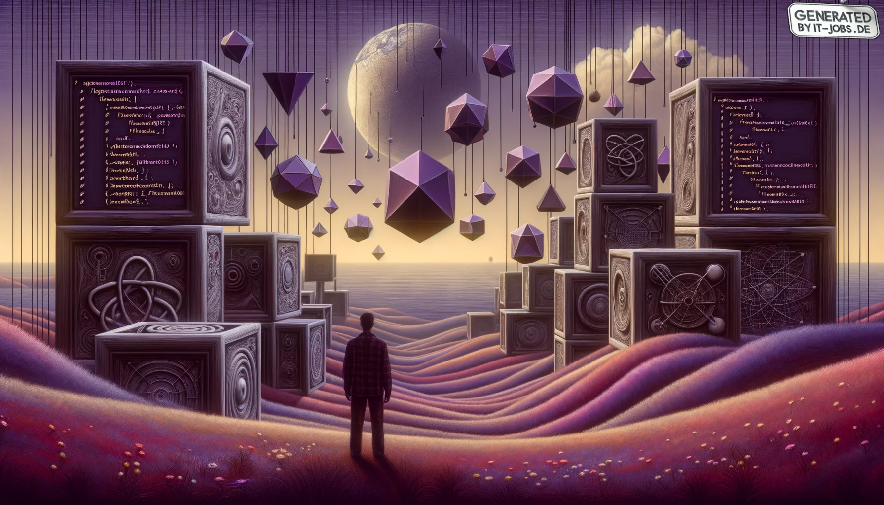 Frontend Developer, surrealism style, impossible objects, realistic materials, dark purple main theme