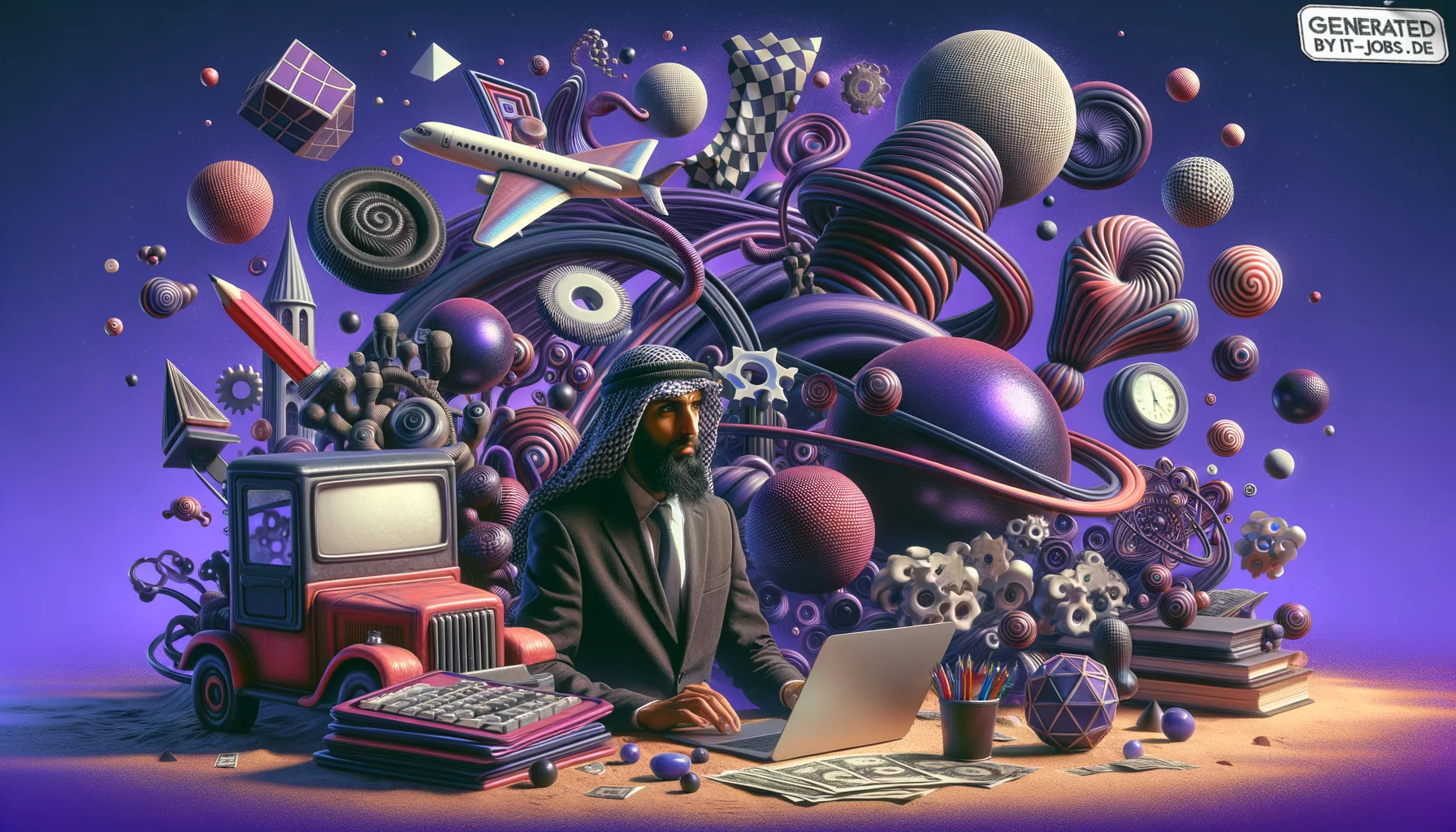 Web Developer, surrealism style, impossible objects, realistic materials, dark purple main theme