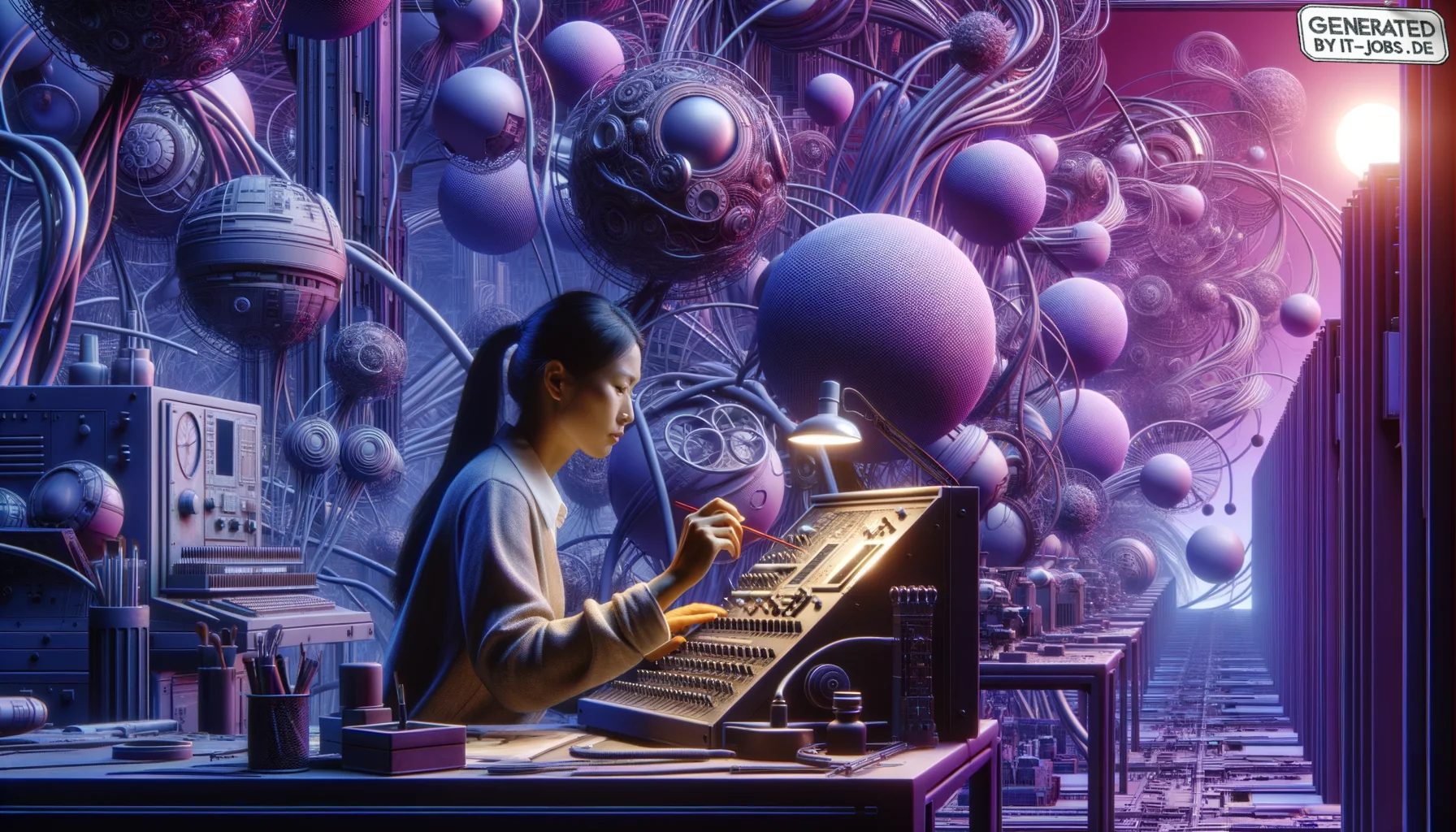 Spezialist für Cyber-Physische Systeme, surrealism style, impossible objects, realistic materials, dark purple main theme