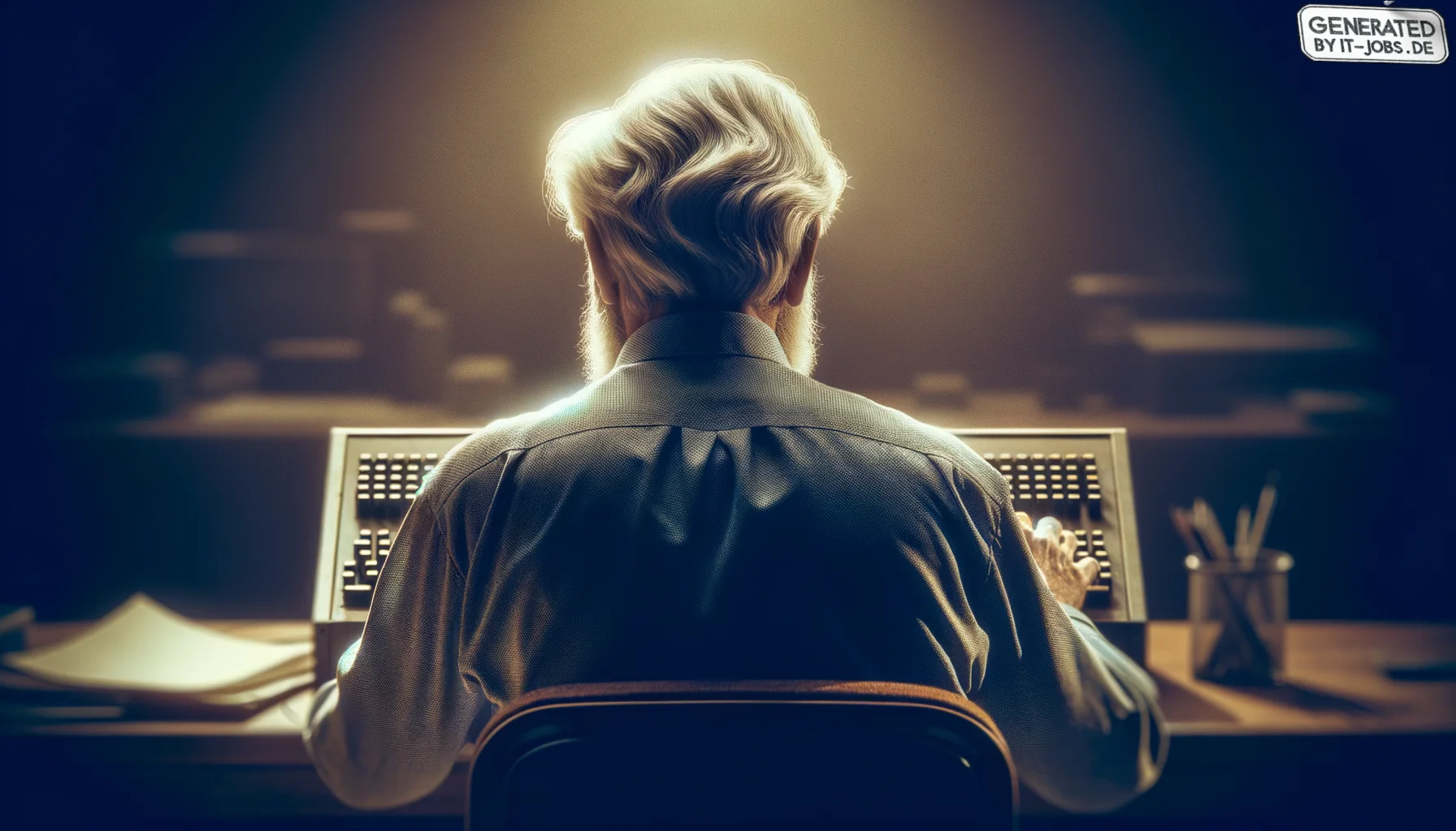 "Ein männlicher Informatiker des 20. Jahrhunderts, der eine Schlüsselrolle in der Entwicklung der Mensch-Computer-Interaktion spielte und als Pionier des Internets gilt", photo, view from behind