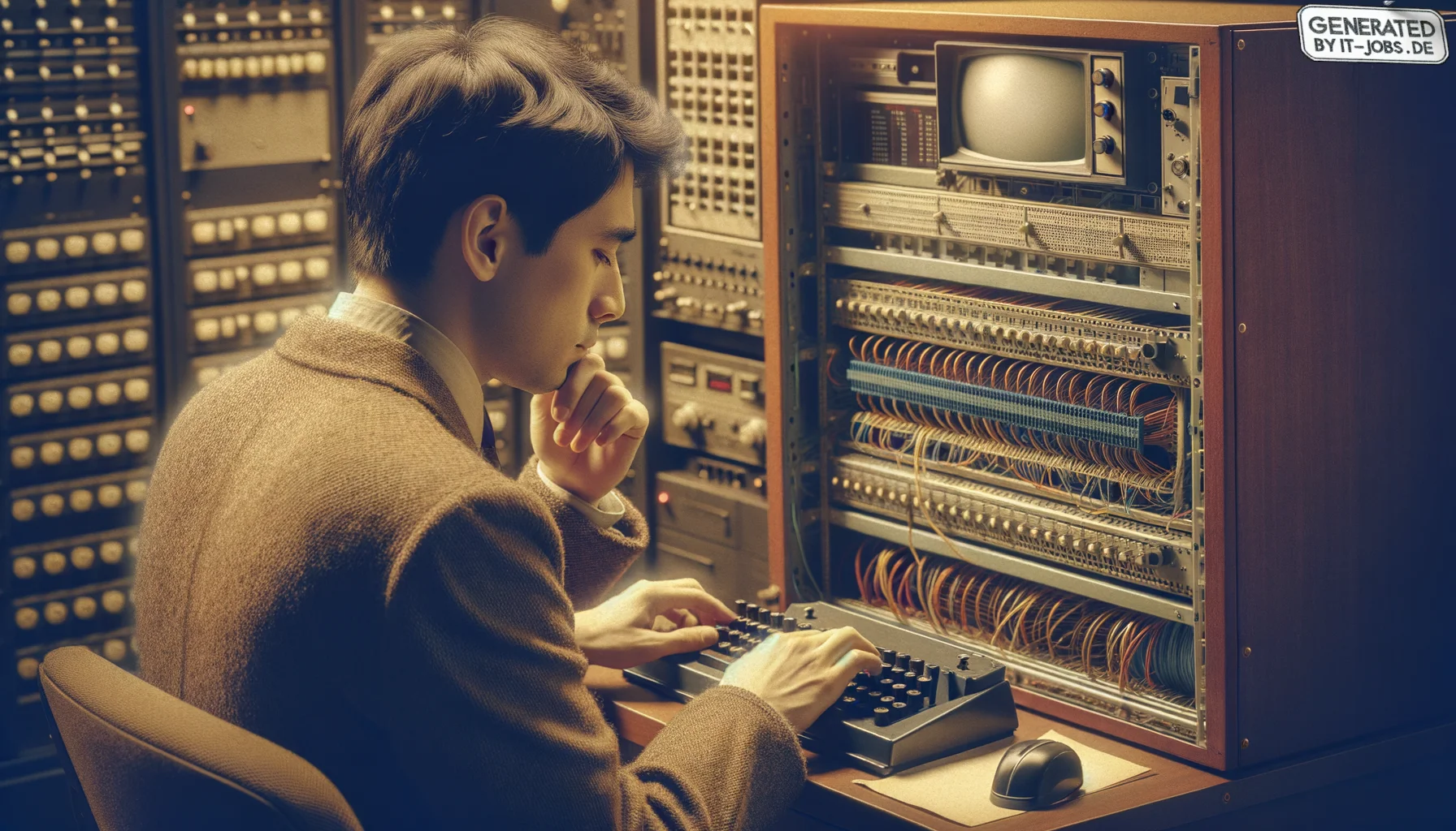 "A male computer scientist, co-founder of Yahoo, 20th century, working on an early internet server", photo, view from behind
