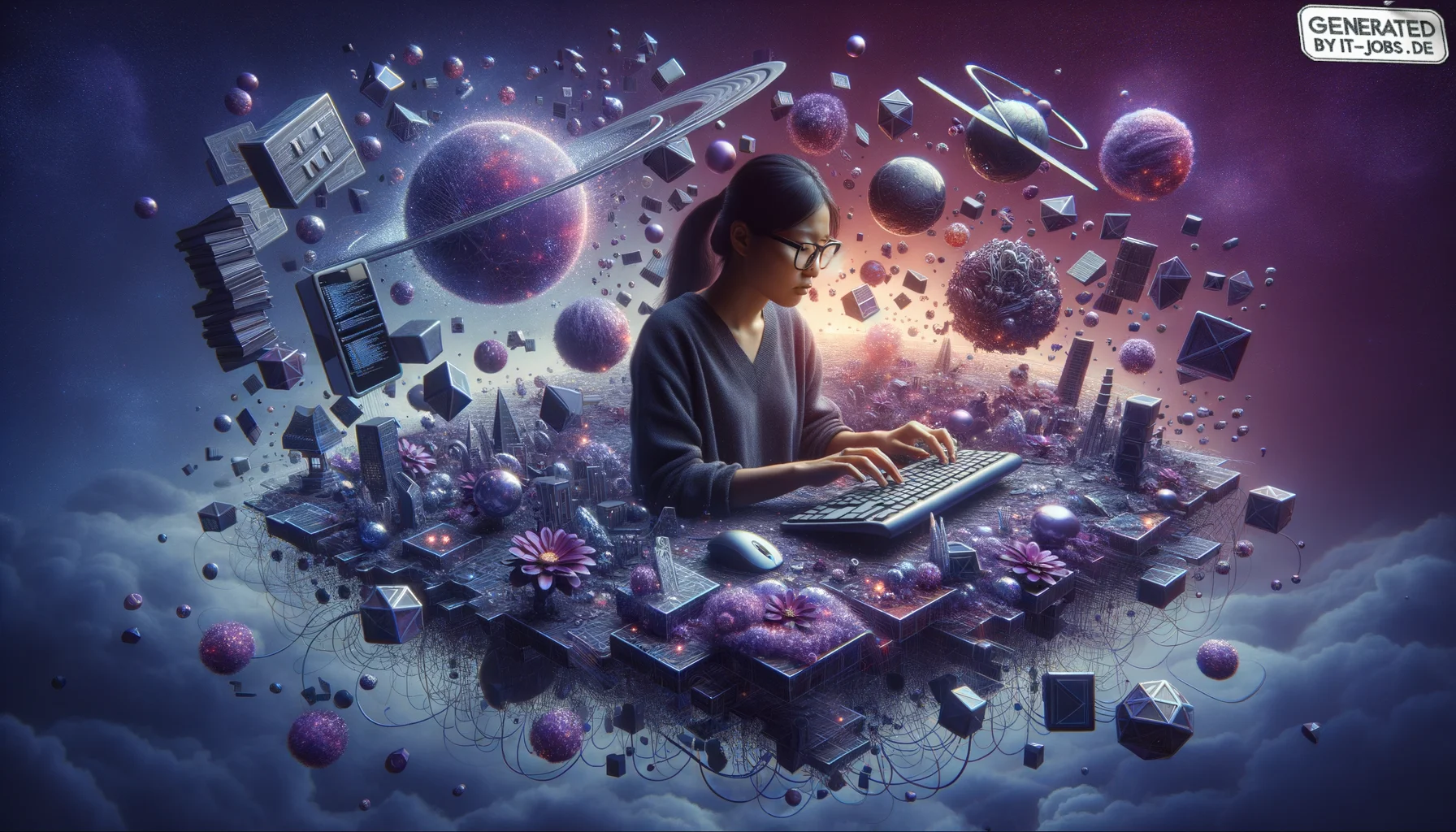 Software Developer, surrealism style, impossible objects, realistic materials, dark purple main theme