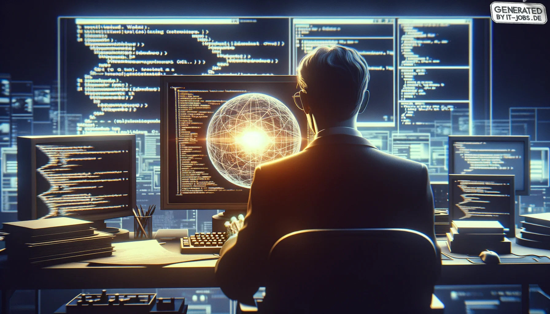 "A British computer scientist, 20th century, pioneering the World Wide Web on a modern computer", photo, view from behind