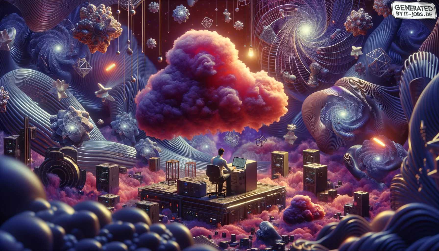 Cloud Engineer, surrealism style, impossible objects, realistic materials, dark purple main theme