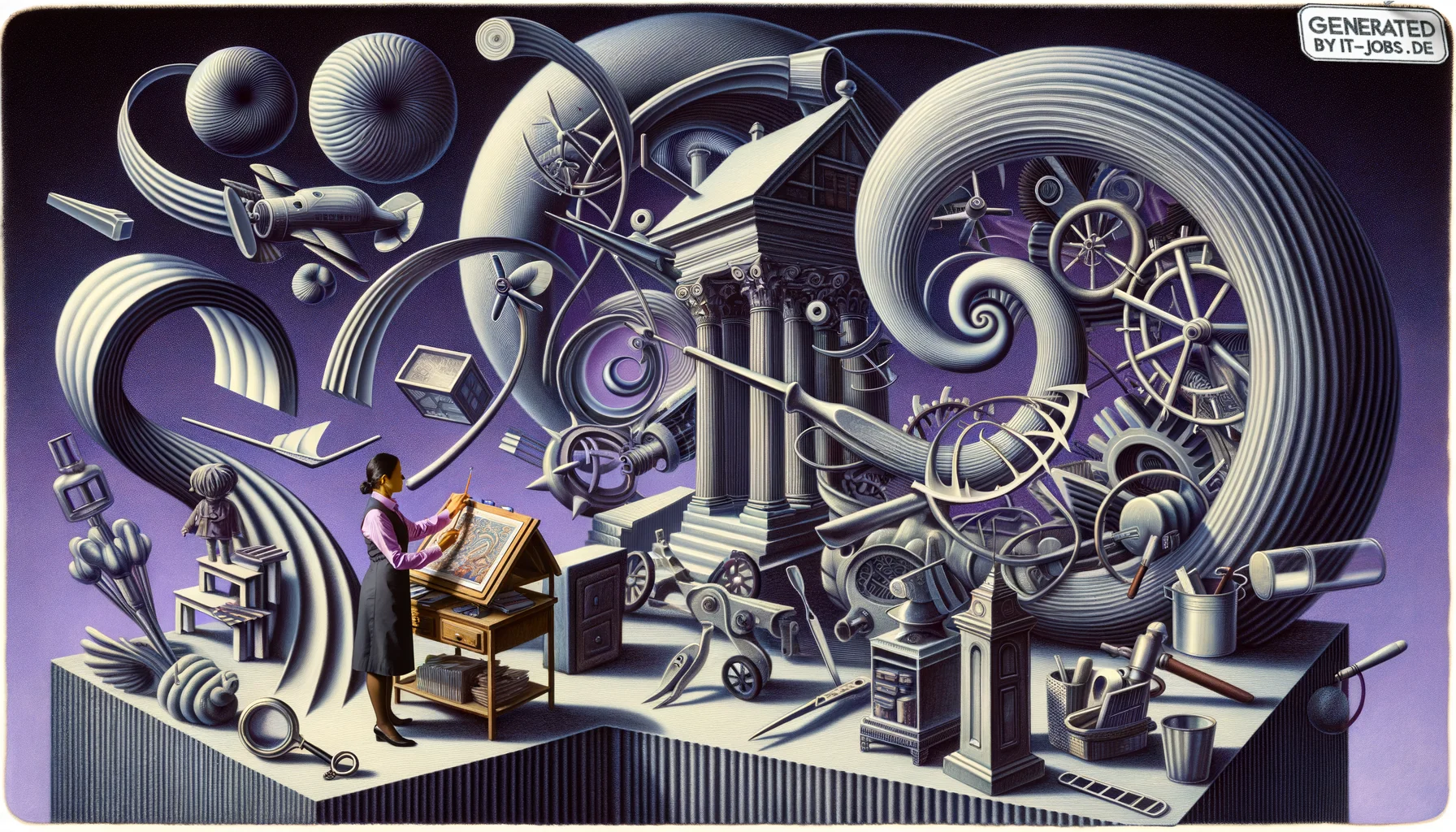 Service Delivery Manager, surrealism style, impossible objects, realistic materials, dark purple main theme