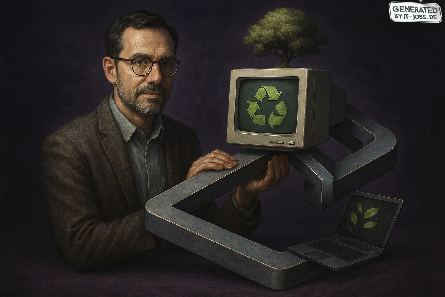 Spezialist für Nachhaltige IT-Praktiken, surrealism style, impossible objects, realistic materials, dark purple main theme