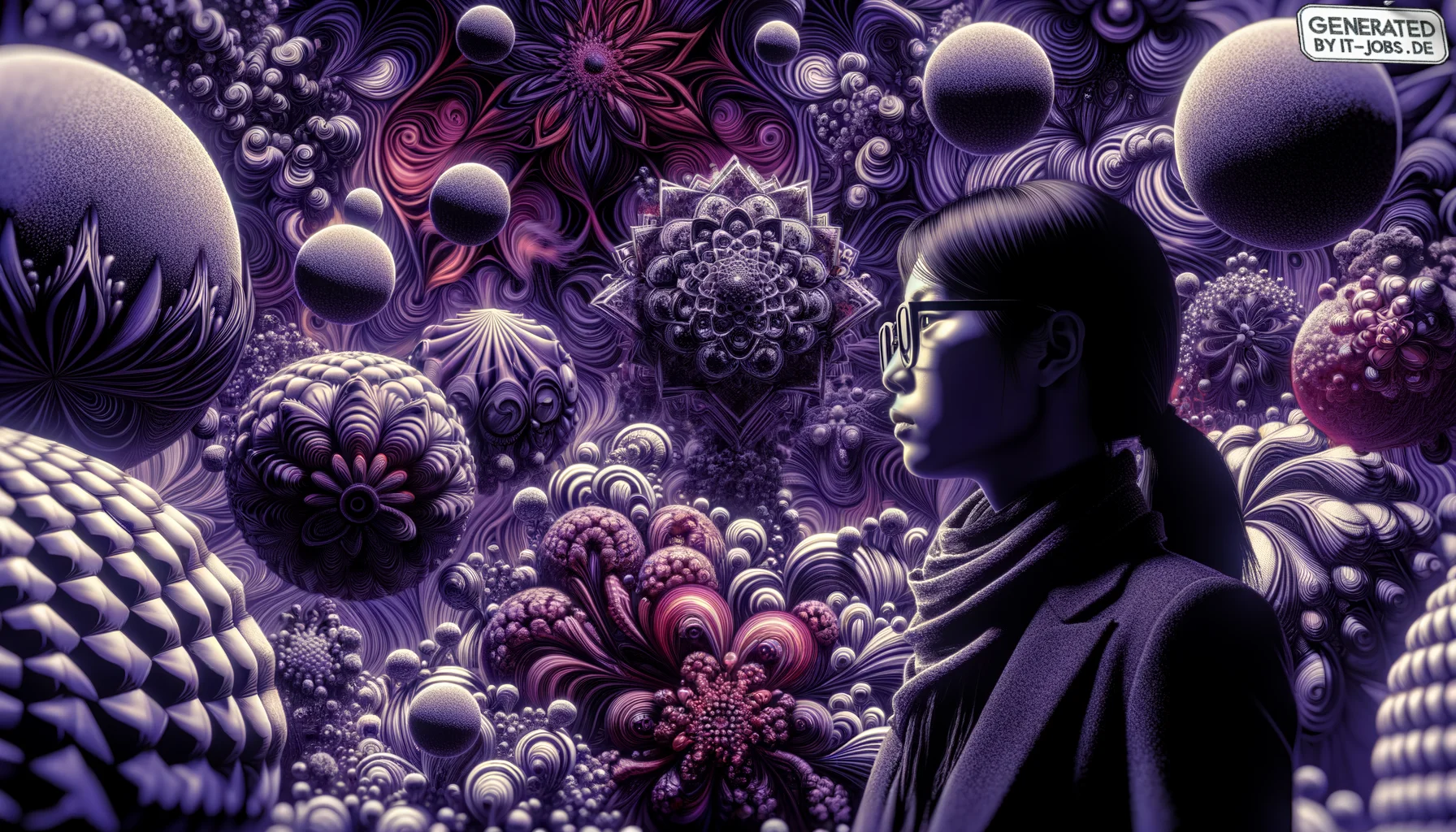 Game Developer, surrealism style, impossible objects, realistic materials, dark purple main theme