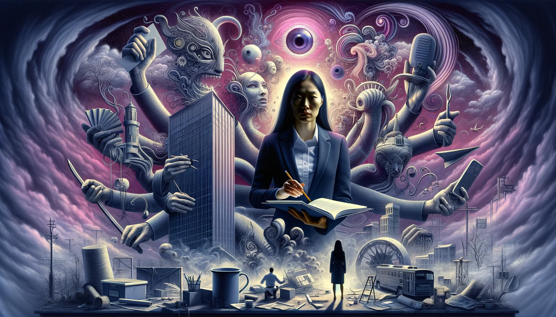 Enterprise Architect, surrealism style, impossible objects, realistic materials, dark purple main theme