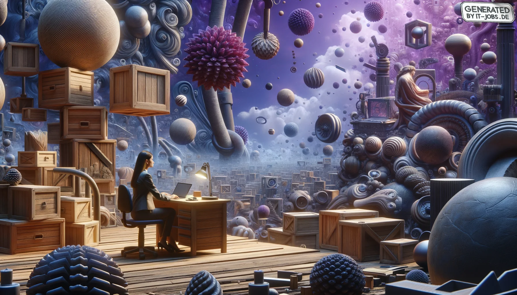 IT-Produktmanager, surrealism style, impossible objects, realistic materials, dark purple main theme