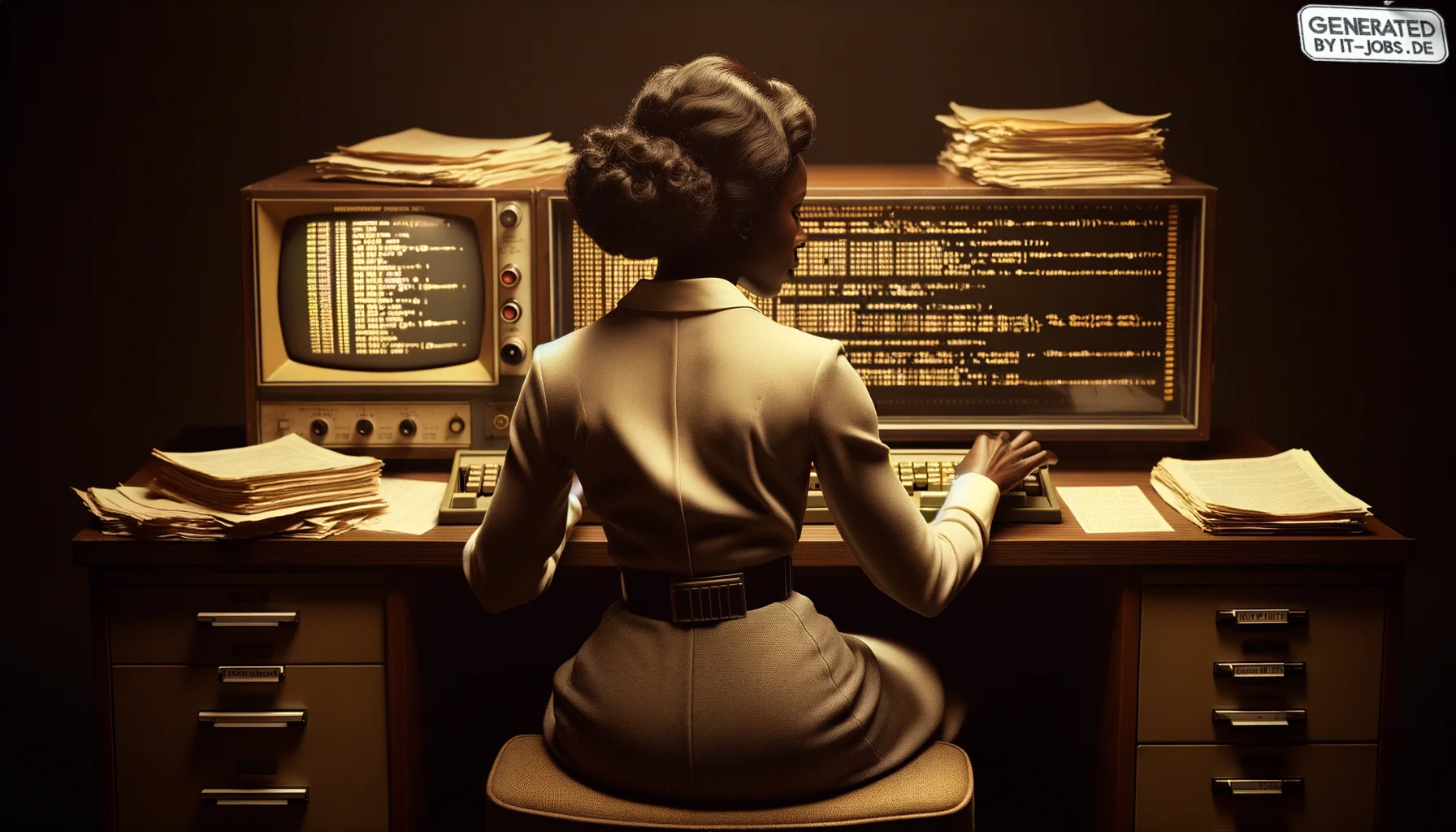 "A female computer scientist, 20th century, working on developing the BASIC programming language", photo, view from behind