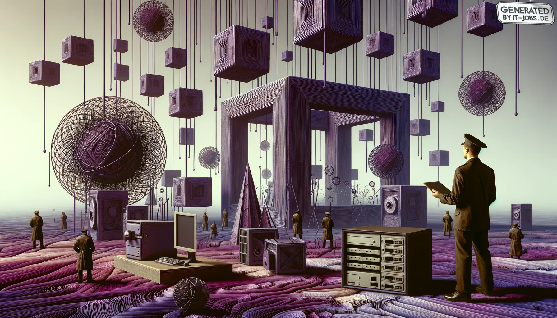 Netzwerksicherheitsingenieur, surrealism style, impossible objects, realistic materials, dark purple main theme