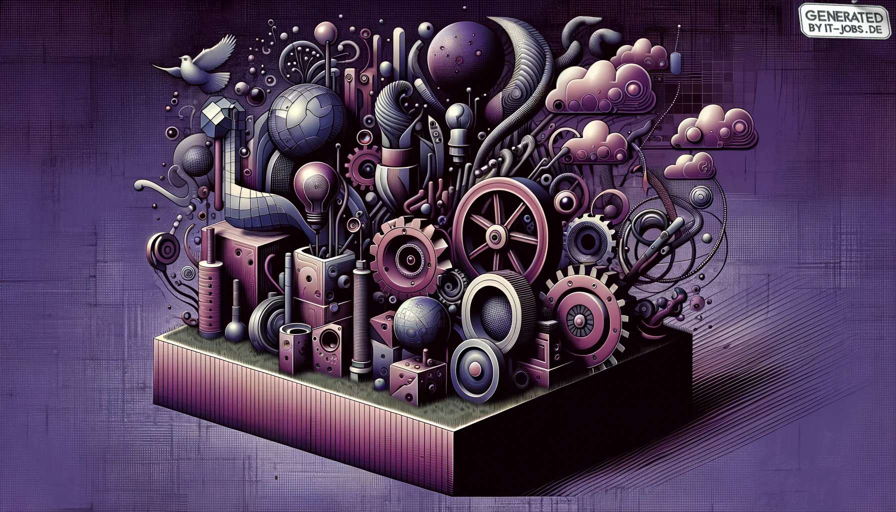 Spezialist für IT-Nachhaltigkeit, surrealism style, impossible objects, realistic materials, dark purple main theme