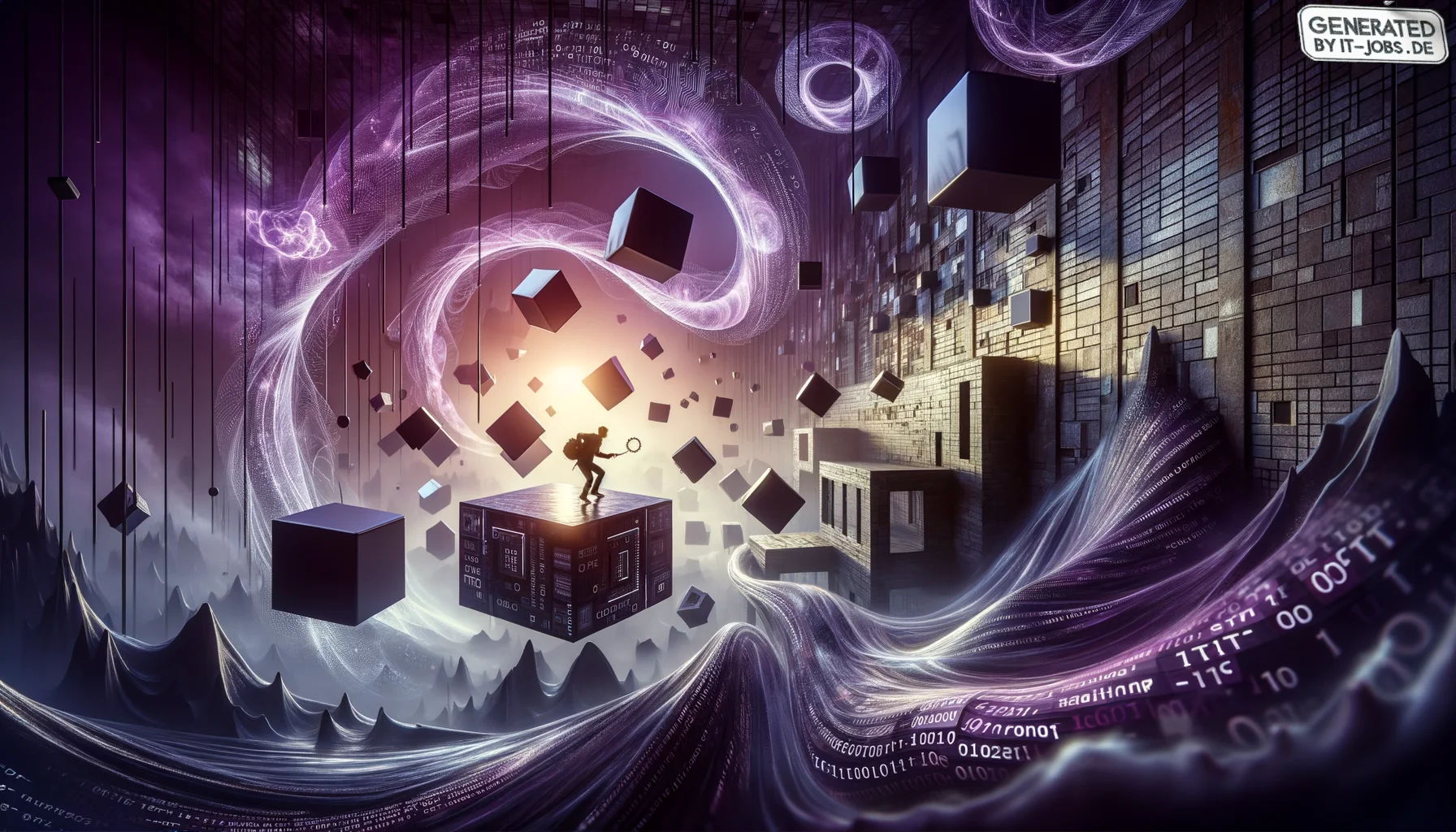 Spezialist für IoT-Sicherheit, surrealism style, impossible objects, realistic materials, dark purple main theme