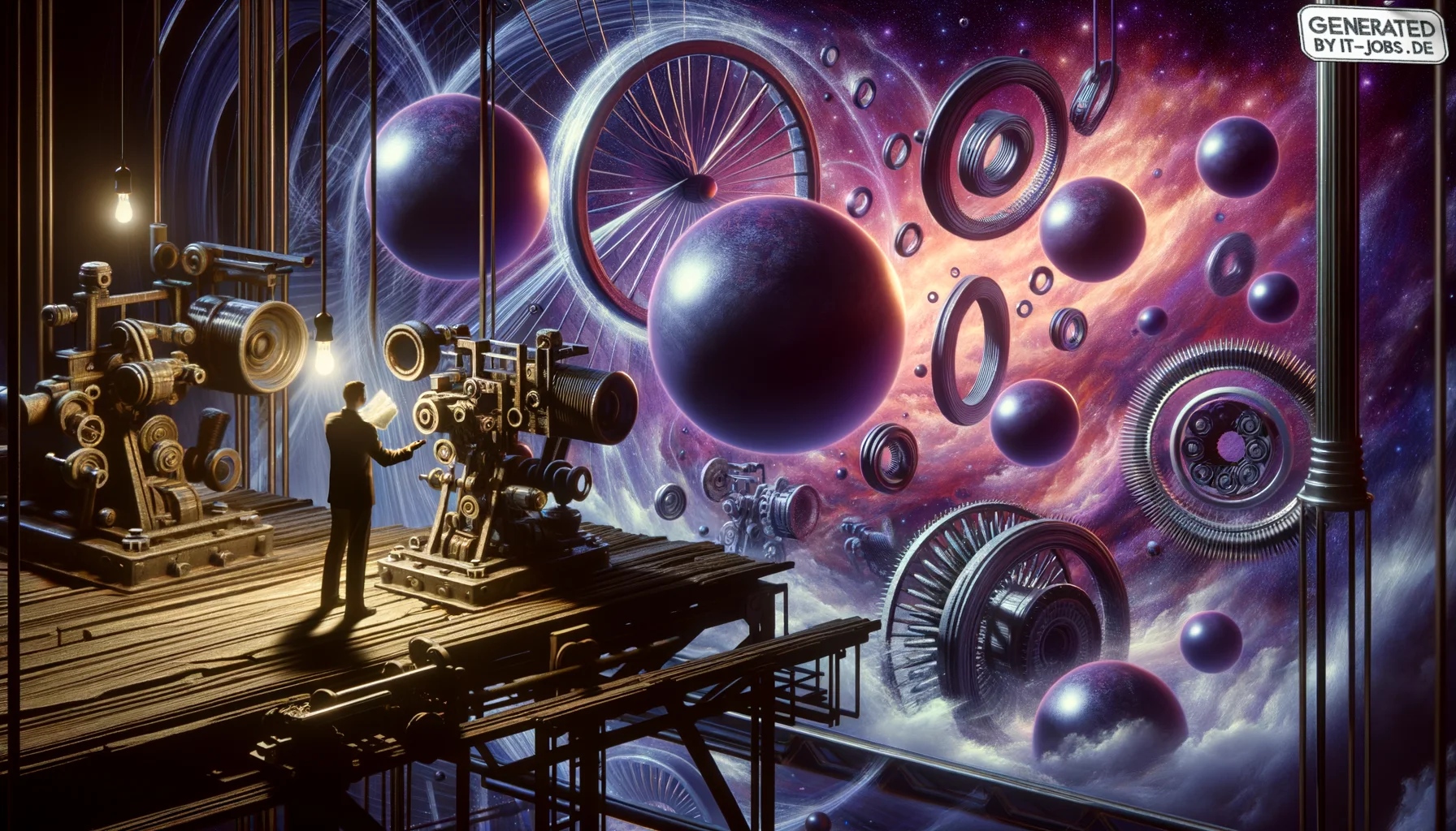 Machine Vision Ingenieur, surrealism style, impossible objects, realistic materials, dark purple main theme