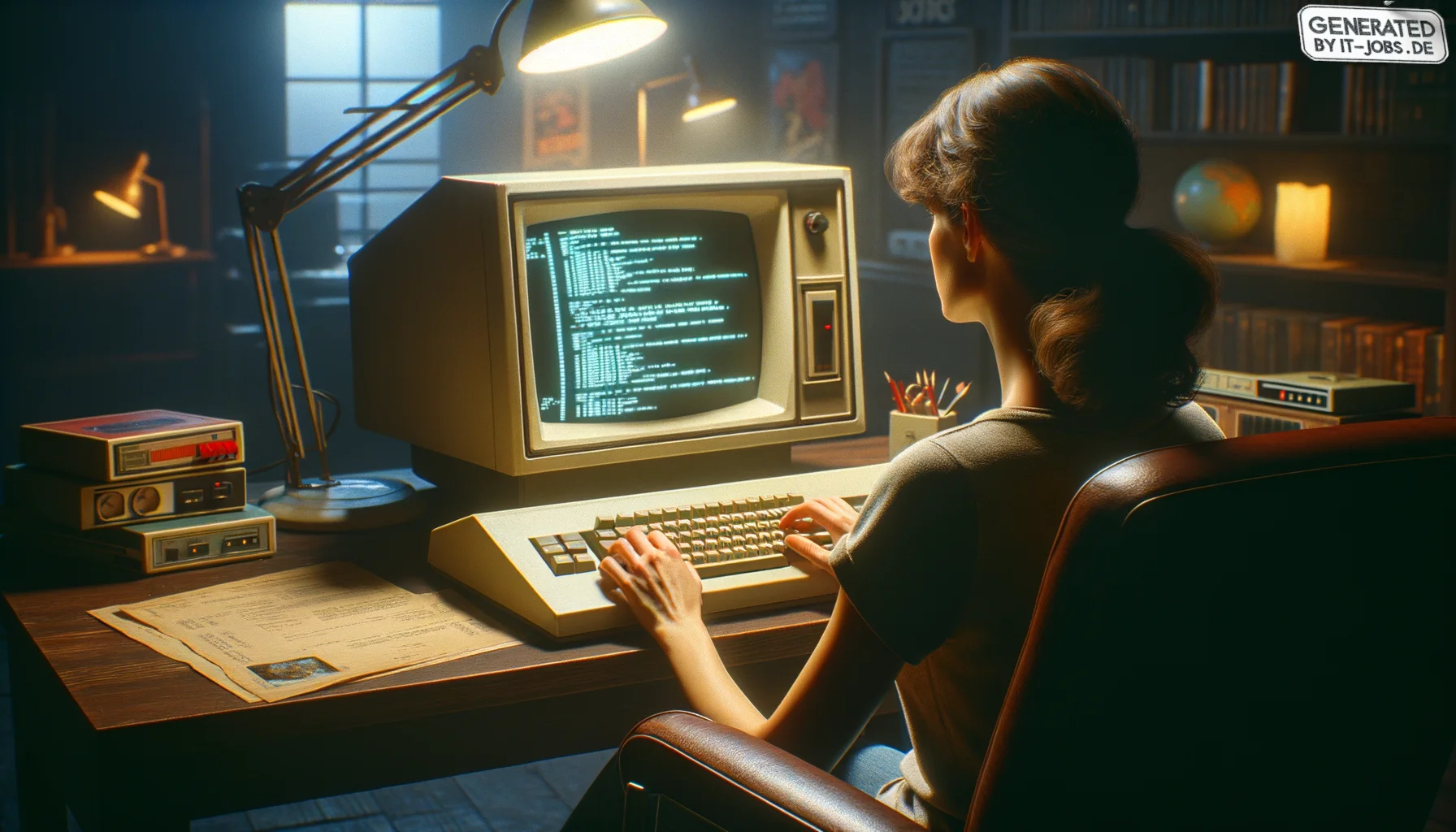 "Ein weiblicher Computerspielentwickler, 20. Jahrhundert, arbeitet an der Programmierung eines frühen Videospiels", photo, view from behind