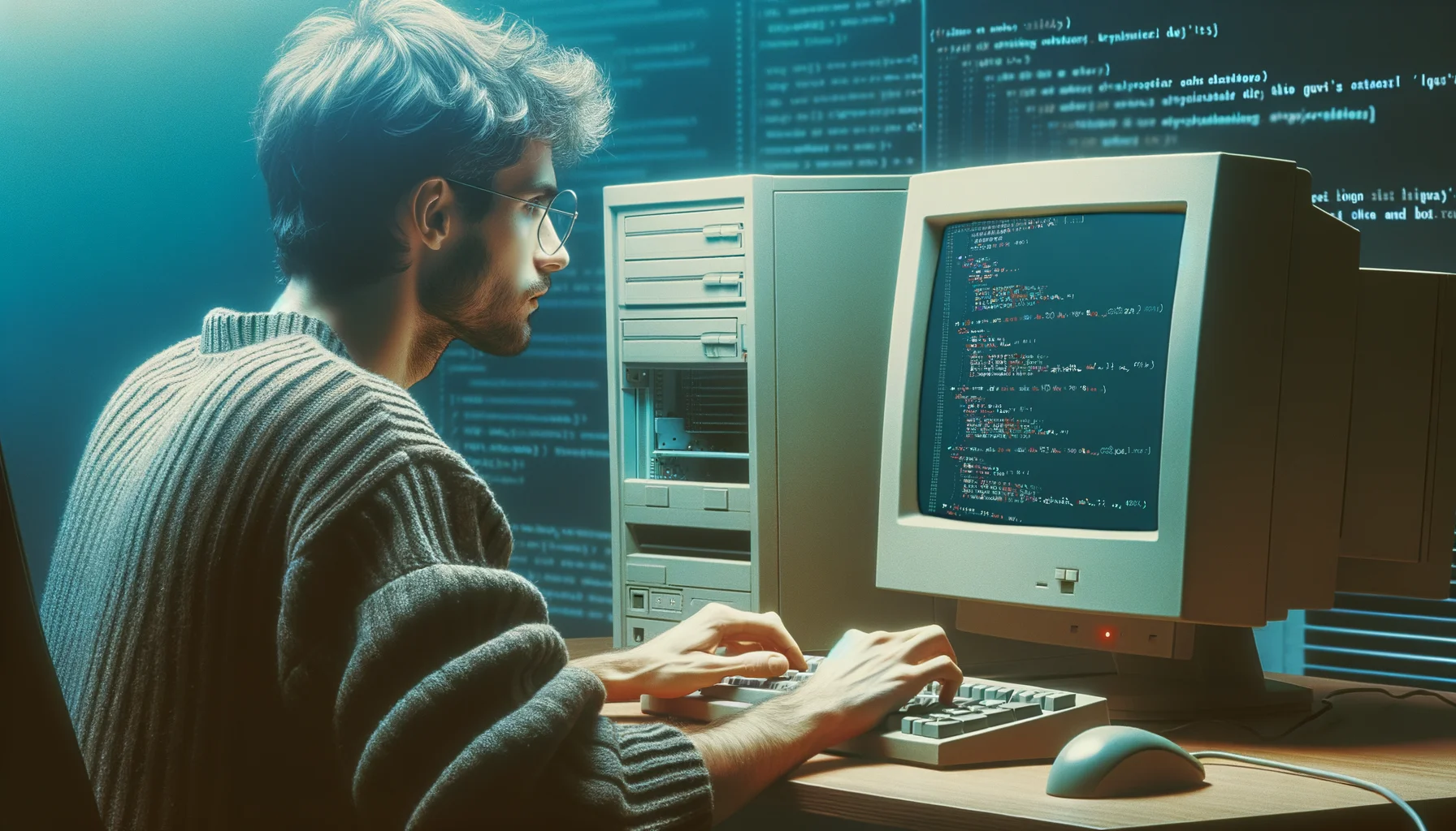"A software engineer and creator of the JavaScript programming language, late 20th century, coding on a modern computer", photo, view from behind