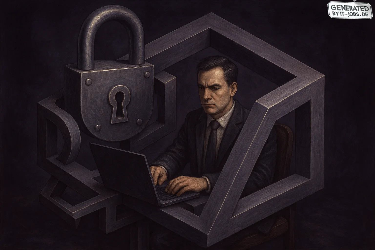 Spezialist für Datenschutz im IT-Bereich, surrealism style, impossible objects, realistic materials, dark purple main theme