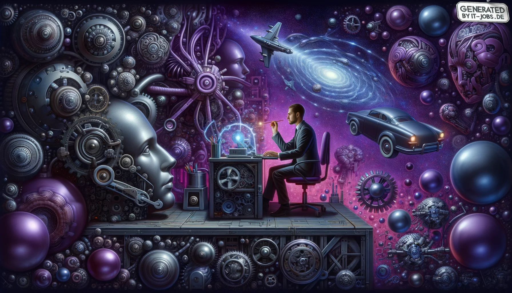 Spezialist für Künstliche Intelligenz in der Automobilindustrie, surrealism style, impossible objects, realistic materials, dark purple main theme