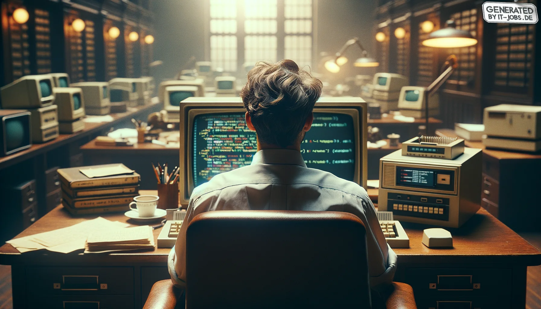 "A male computer scientist, 20th century, creating the Java programming language", photo, view from behind