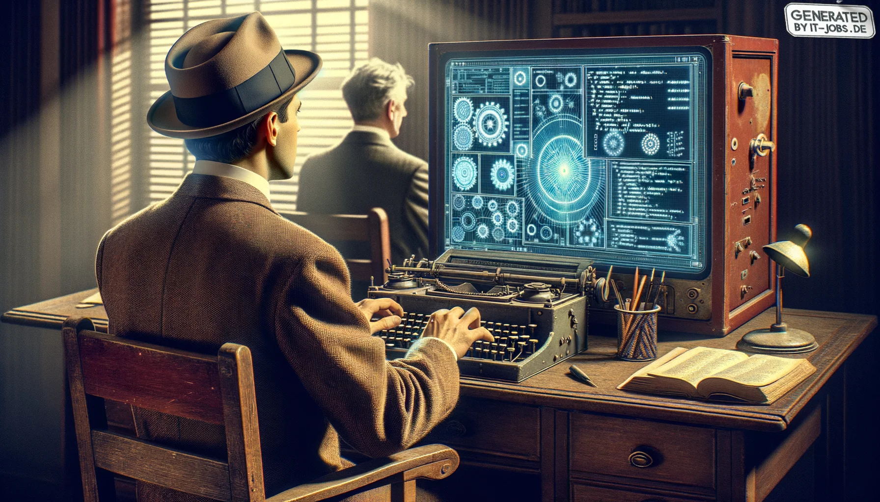 "Ein männlicher Informatiker des 20. Jahrhunderts, der den modernen Computer mit innovativen Algorithmen und Programmiersprachen prägt.", photo, view from behind