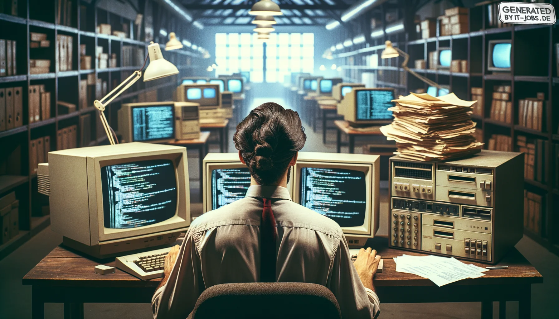 "A co-founder of Microsoft, 20th century, coding the future with Bill Gates", photo, view from behind