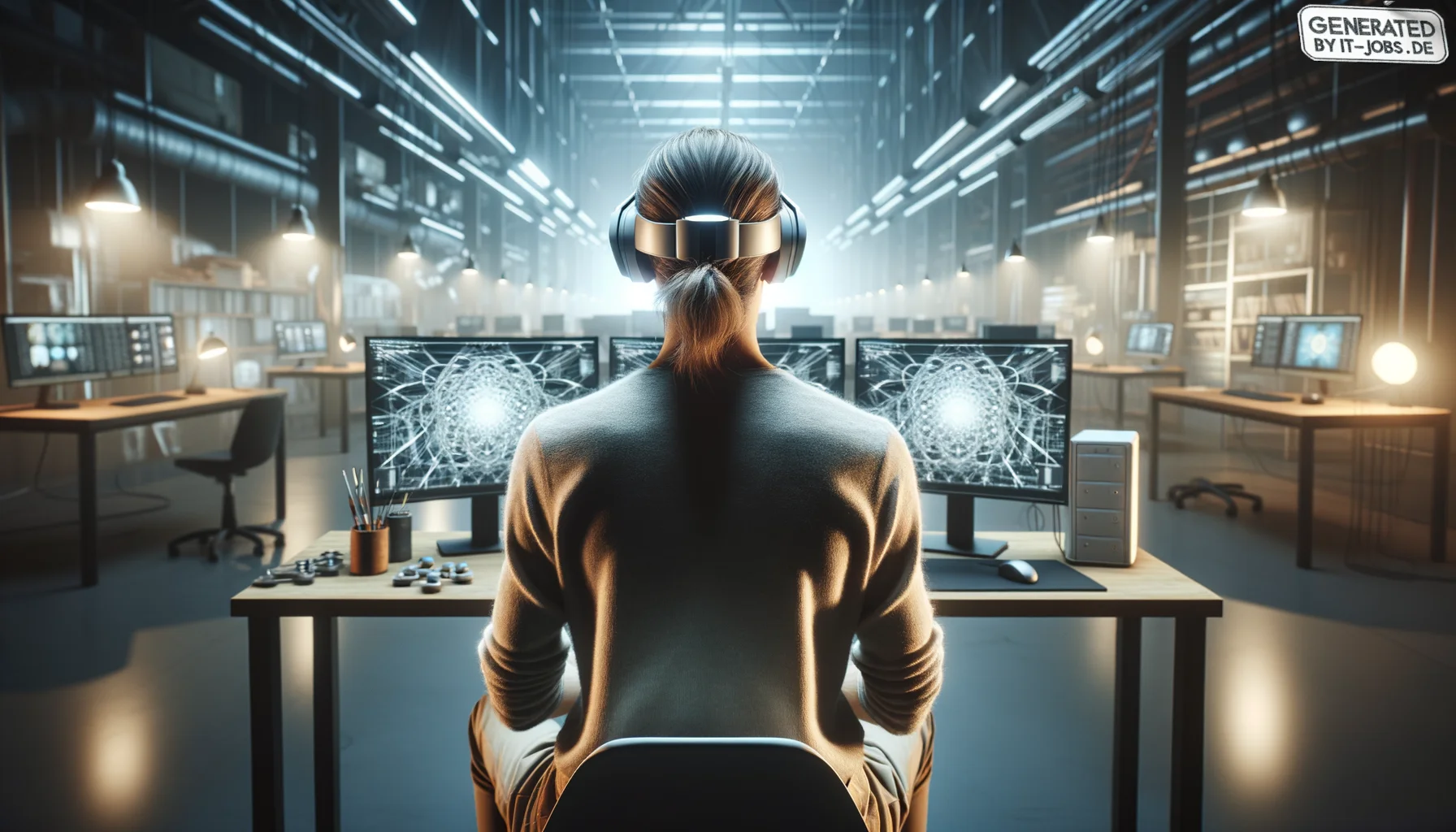 "A computer philosophy writer and pioneer in the field of virtual reality, late 20th and early 21st century, experimenting with innovative VR technology", photo, view from behind