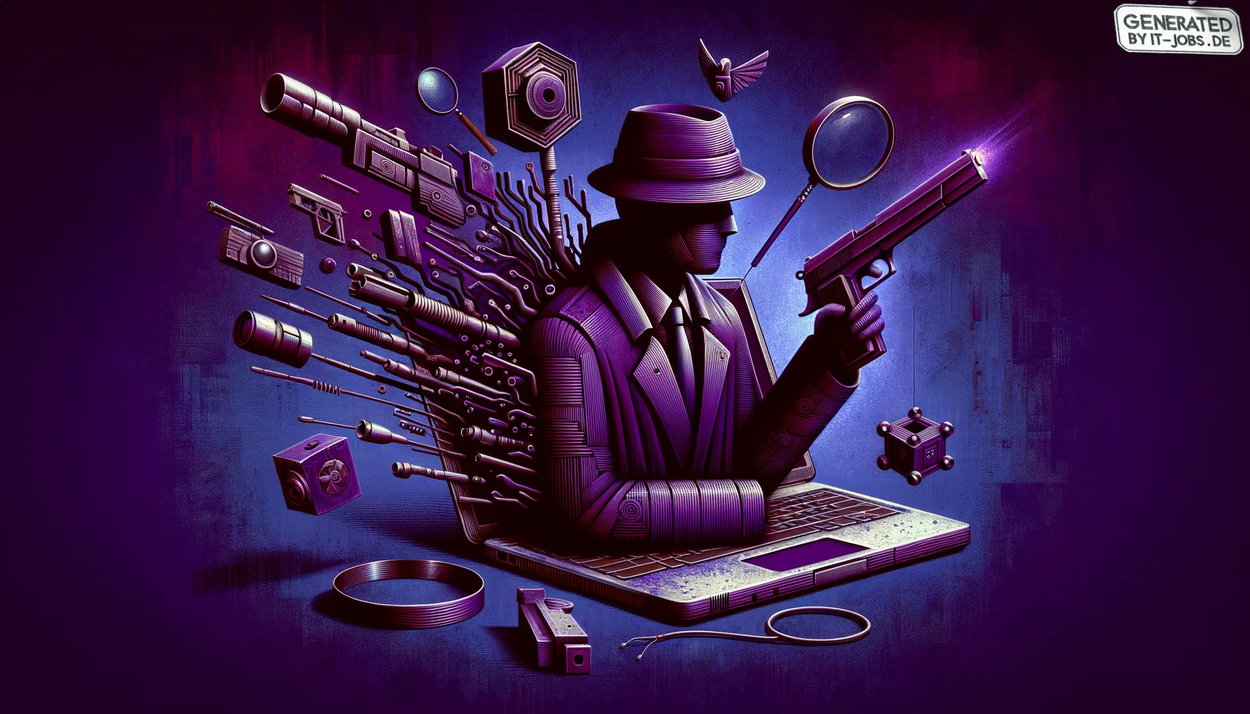 Spezialist für digitale Forensik, surrealism style, impossible objects, realistic materials, dark purple main theme