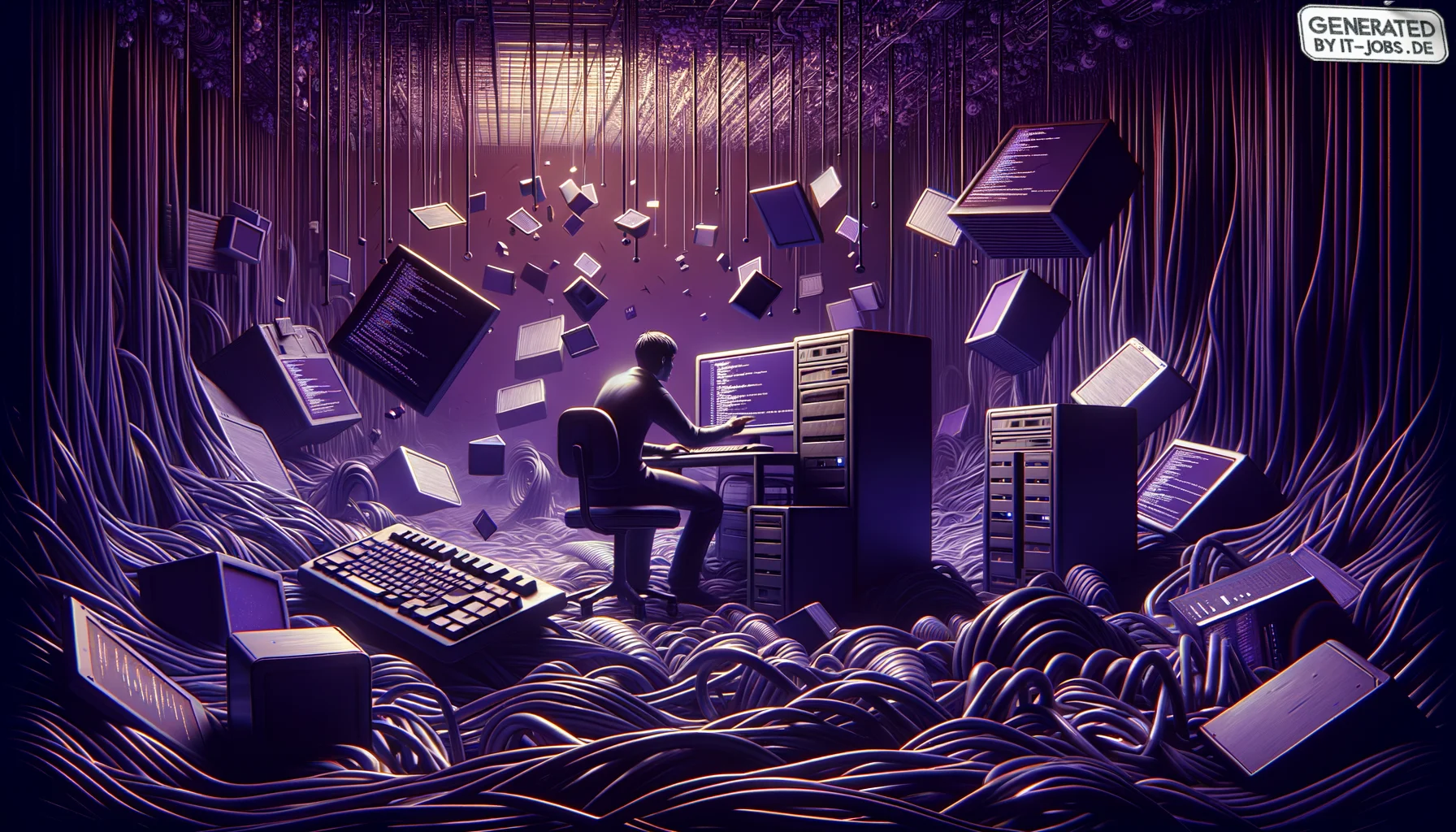 Software Tester, surrealism style, impossible objects, realistic materials, dark purple main theme