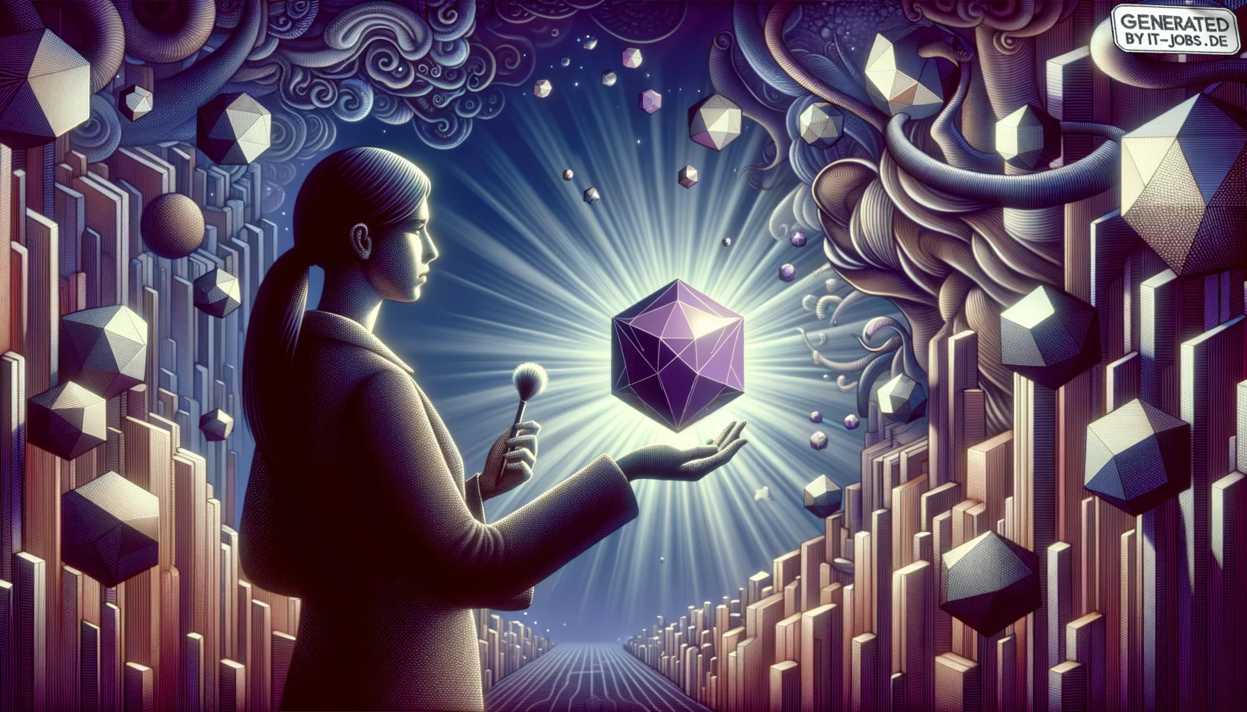 Spezialist für IT-Benutzererfahrung, surrealism style, impossible objects, realistic materials, dark purple main theme