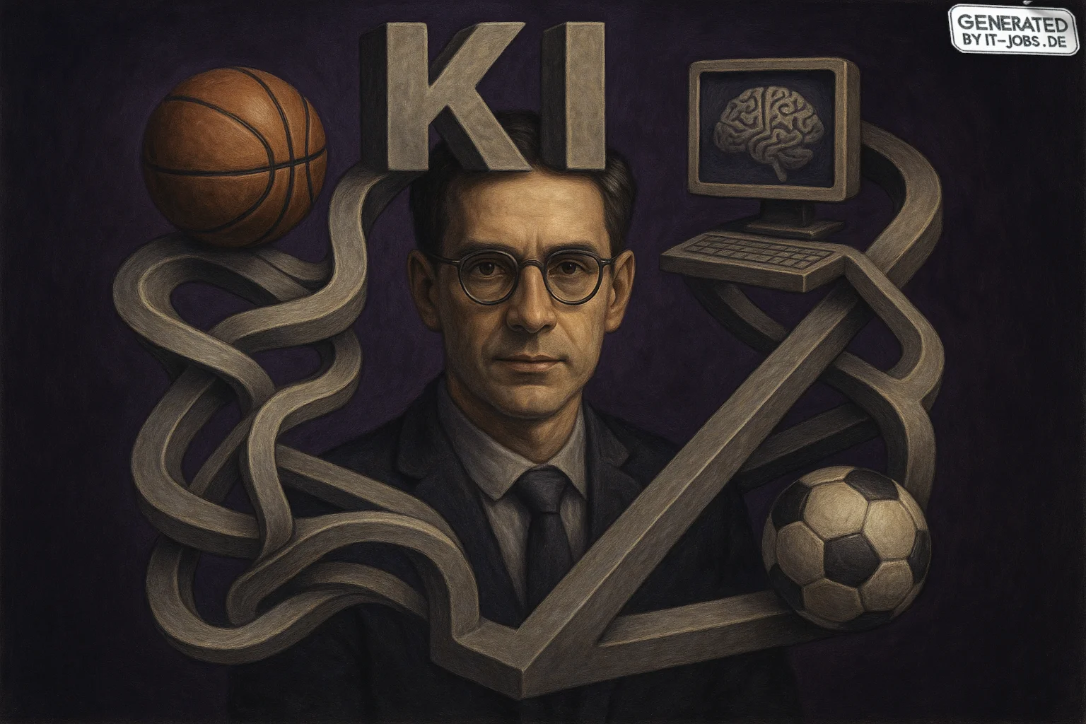 Spezialist für KI in der Sportindustrie, surrealism style, impossible objects, realistic materials, dark purple main theme