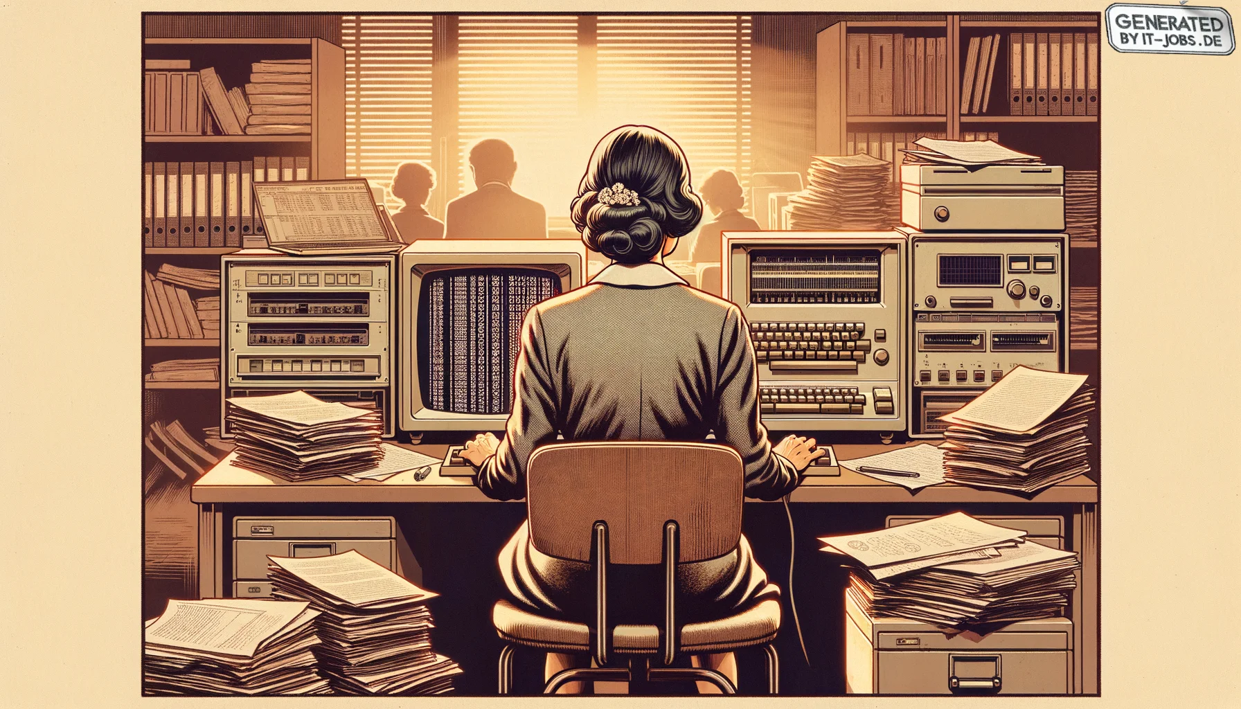"A pioneering female computer scientist from the 20th century, known for her significant contribution to the field of information retrieval and natural language processing", photo, view from behind
