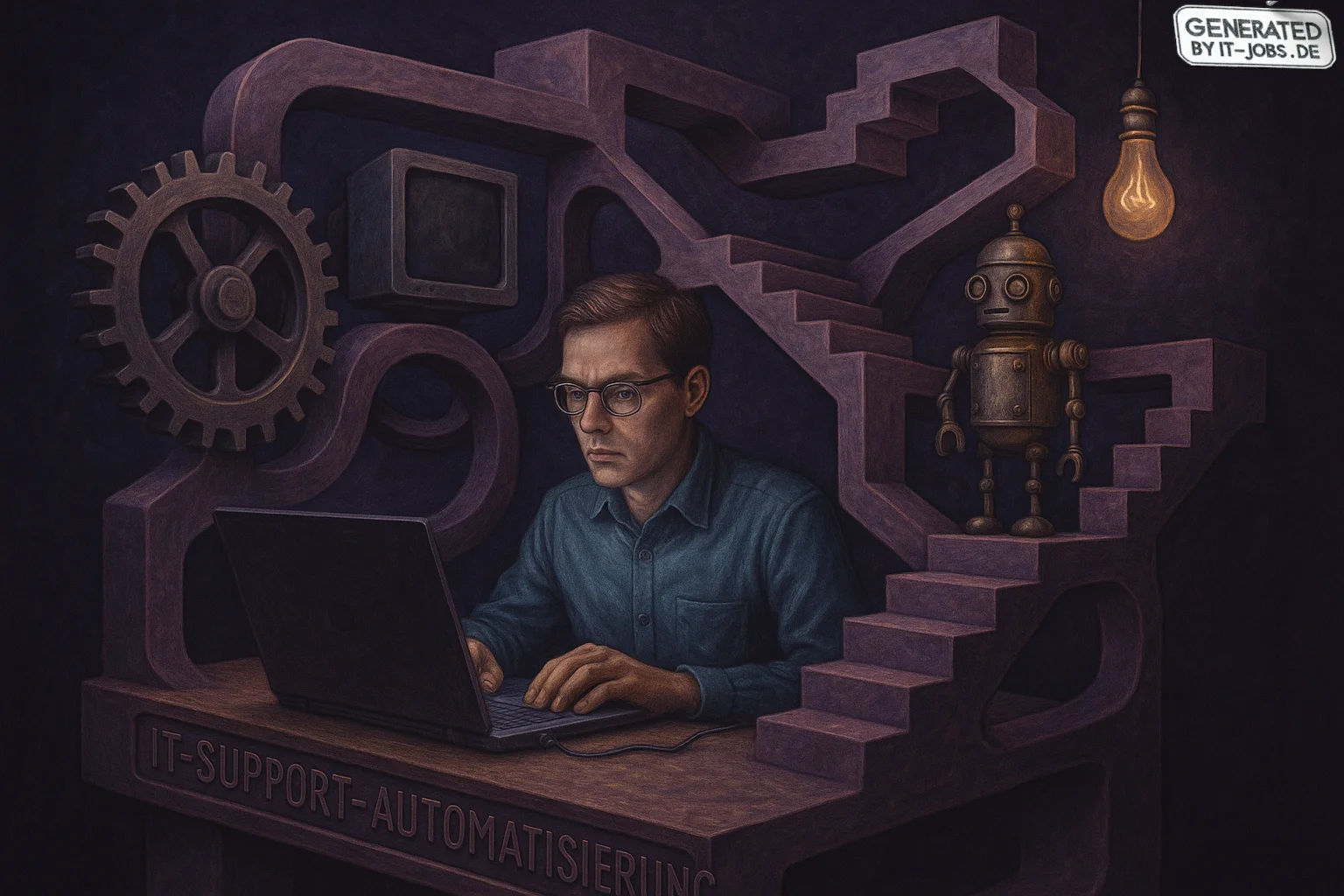 Spezialist für IT-Support-Automatisierung, surrealism style, impossible objects, realistic materials, dark purple main theme