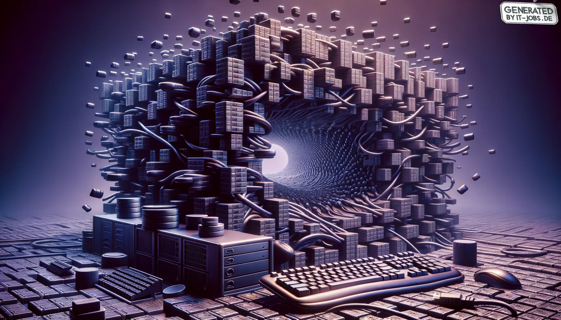 SQL Developer, surrealism style, impossible objects, realistic materials, dark purple main theme