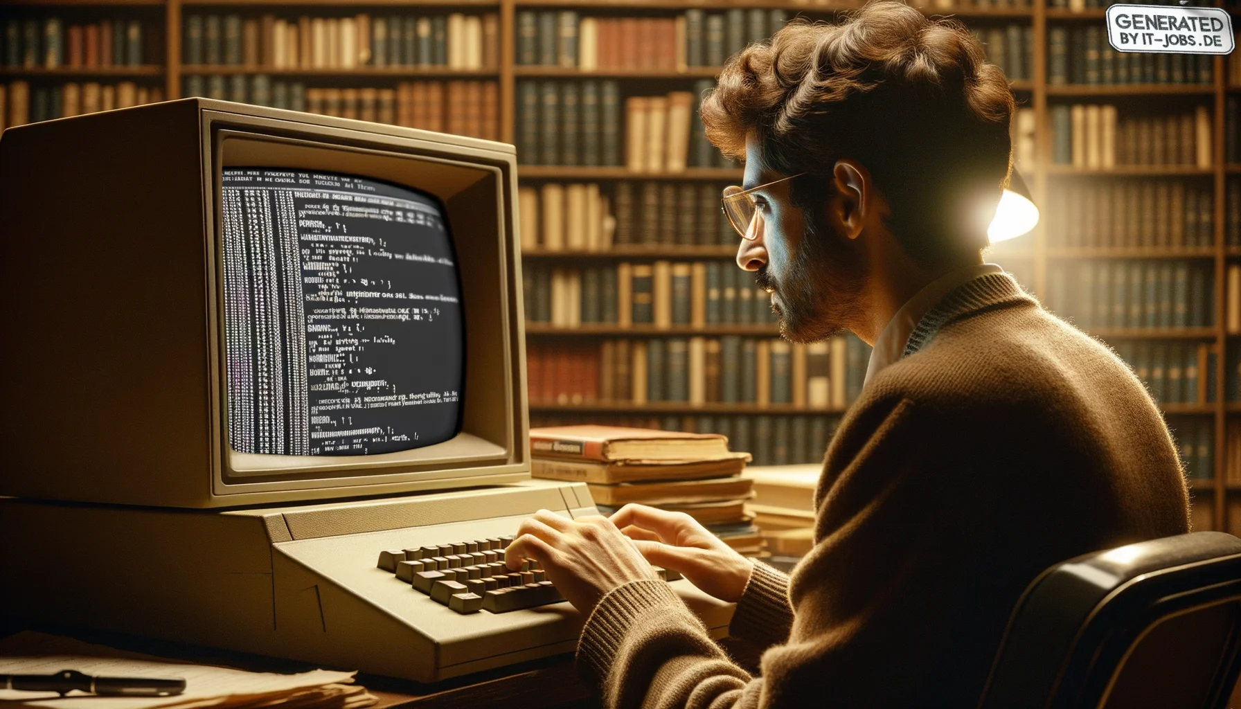 "A male computer scientist, 20th century, developing the Unix operating system", photo, view from behind