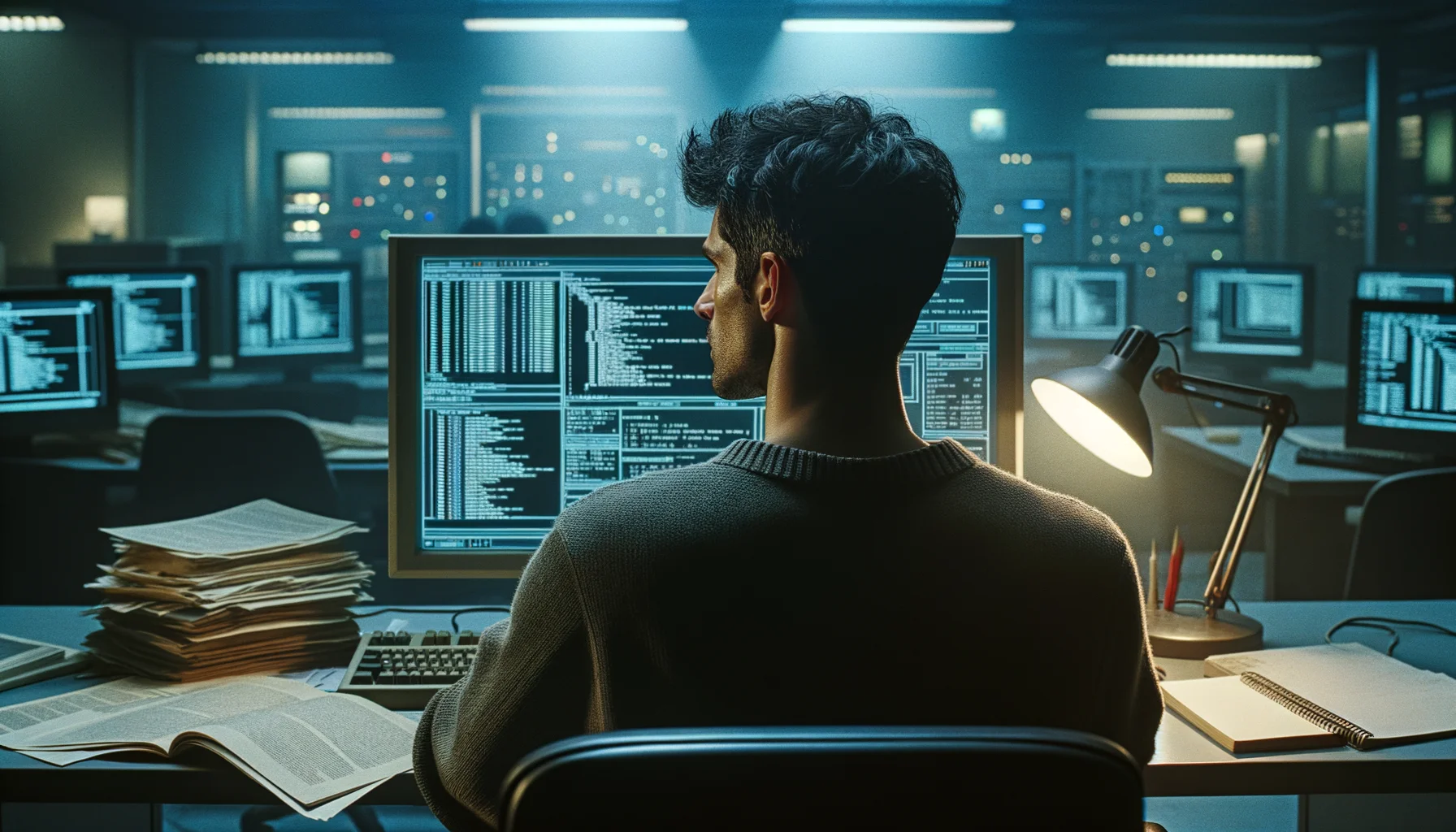 "Ein männlicher Computerspezialist, 20. Jahrhundert, arbeitet an der Entwicklung von Betriebssystemen und Versionskontrollsystemen", photo, view from behind