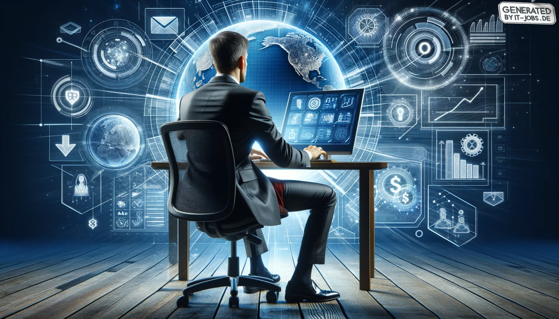 "A male entrepreneur, 21st century, launching the modern era of e-commerce", photo, view from behind