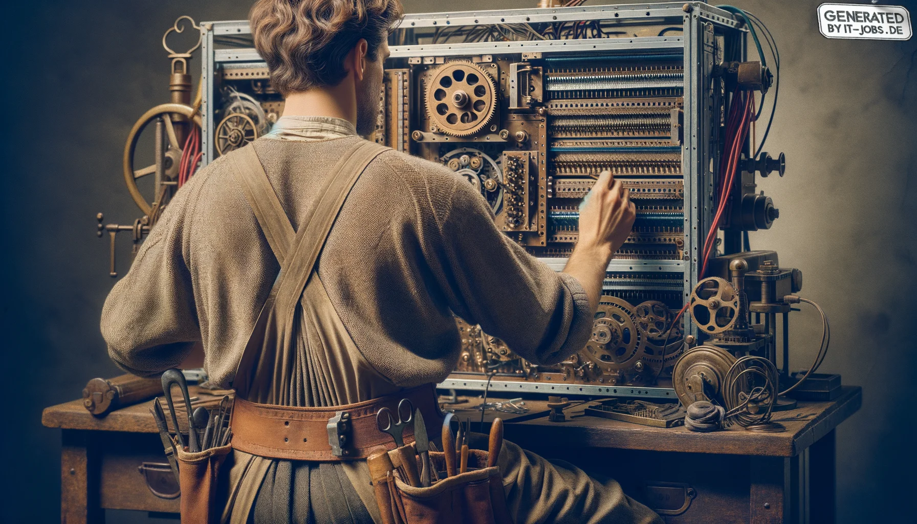 "A German civil engineer, 20th century, constructing the first programmable computer", photo, view from behind