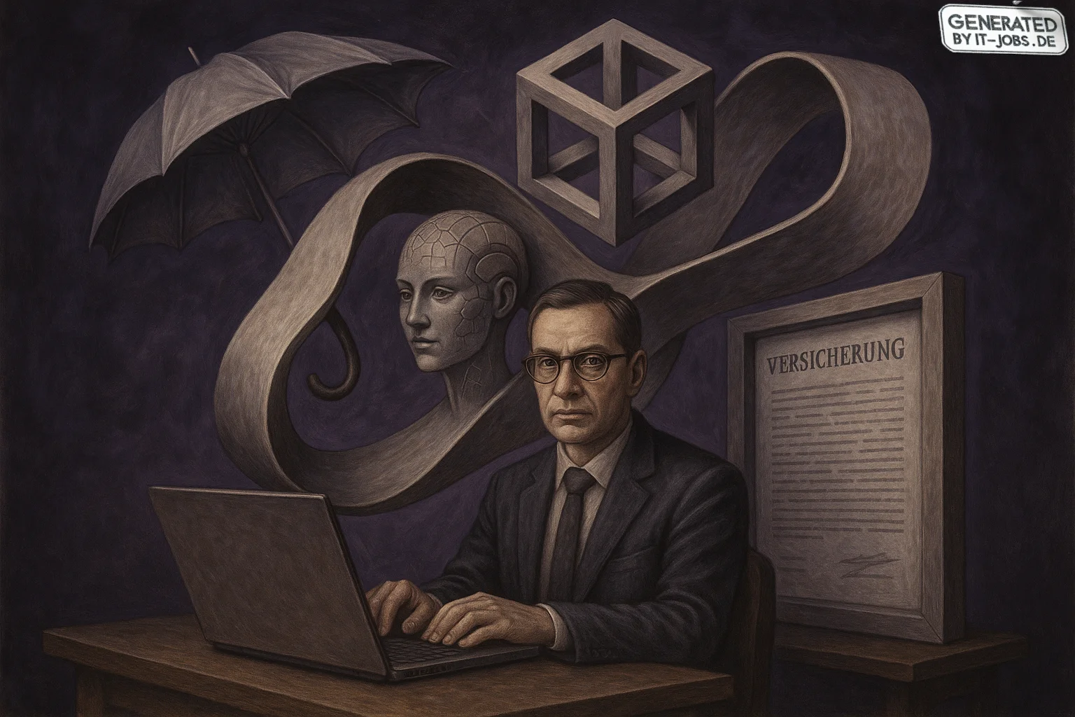 Spezialist für KI in der Versicherungsbranche, surrealism style, impossible objects, realistic materials, dark purple main theme