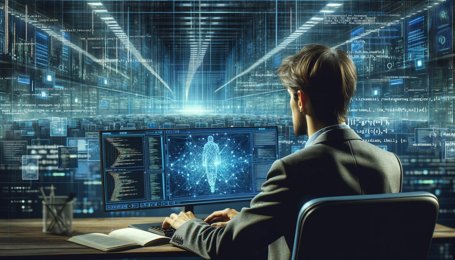 "Ein Computerwissenschaftler des 21. Jahrhunderts, der das Deep Learning revolutioniert hat", photo, view from behind