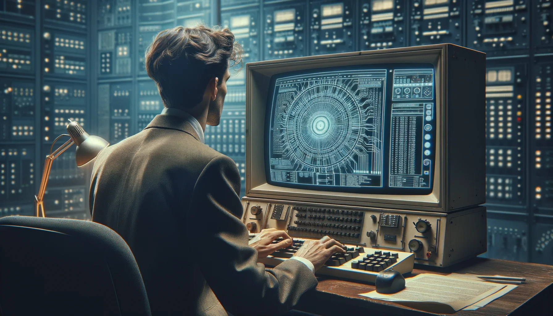 "Ein männlicher Informatiker, 20. Jahrhundert, der an einem modernen Computer arbeitet", photo, view from behind