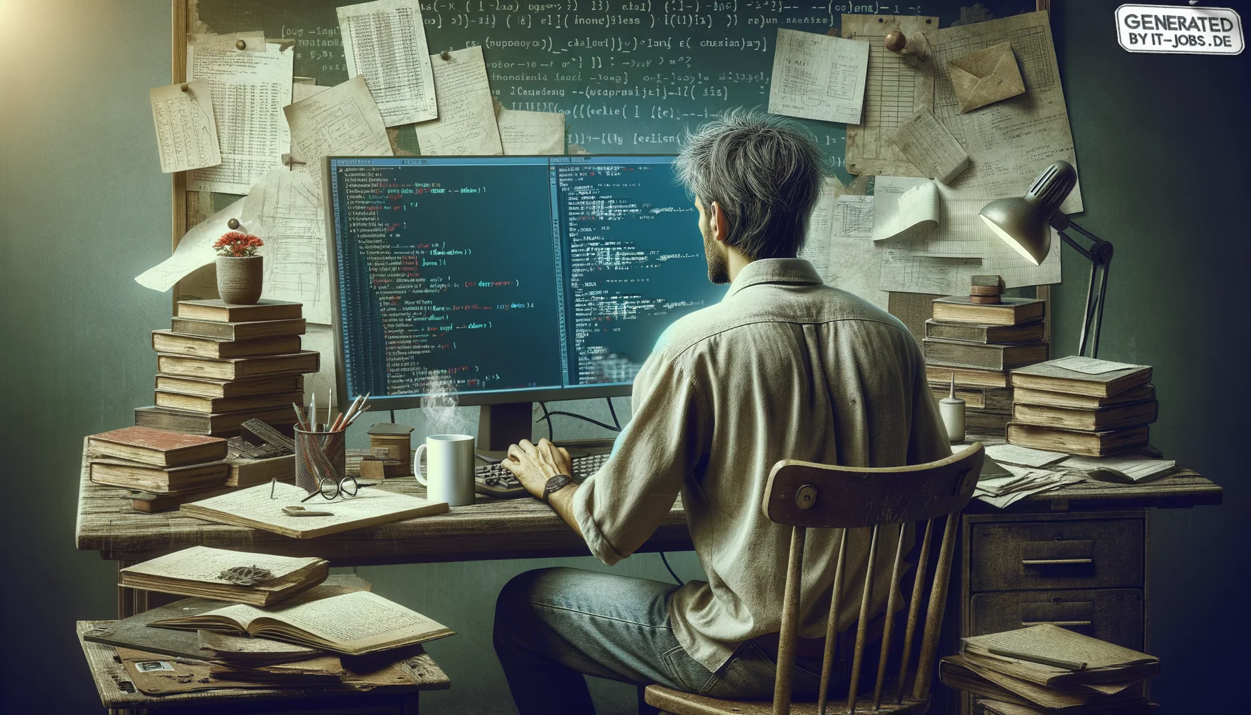 "Ein Informatiker des 20. Jahrhunderts, Pionier in der Künstlichen Intelligenz, arbeitet an einem modernen Computer", photo, view from behind