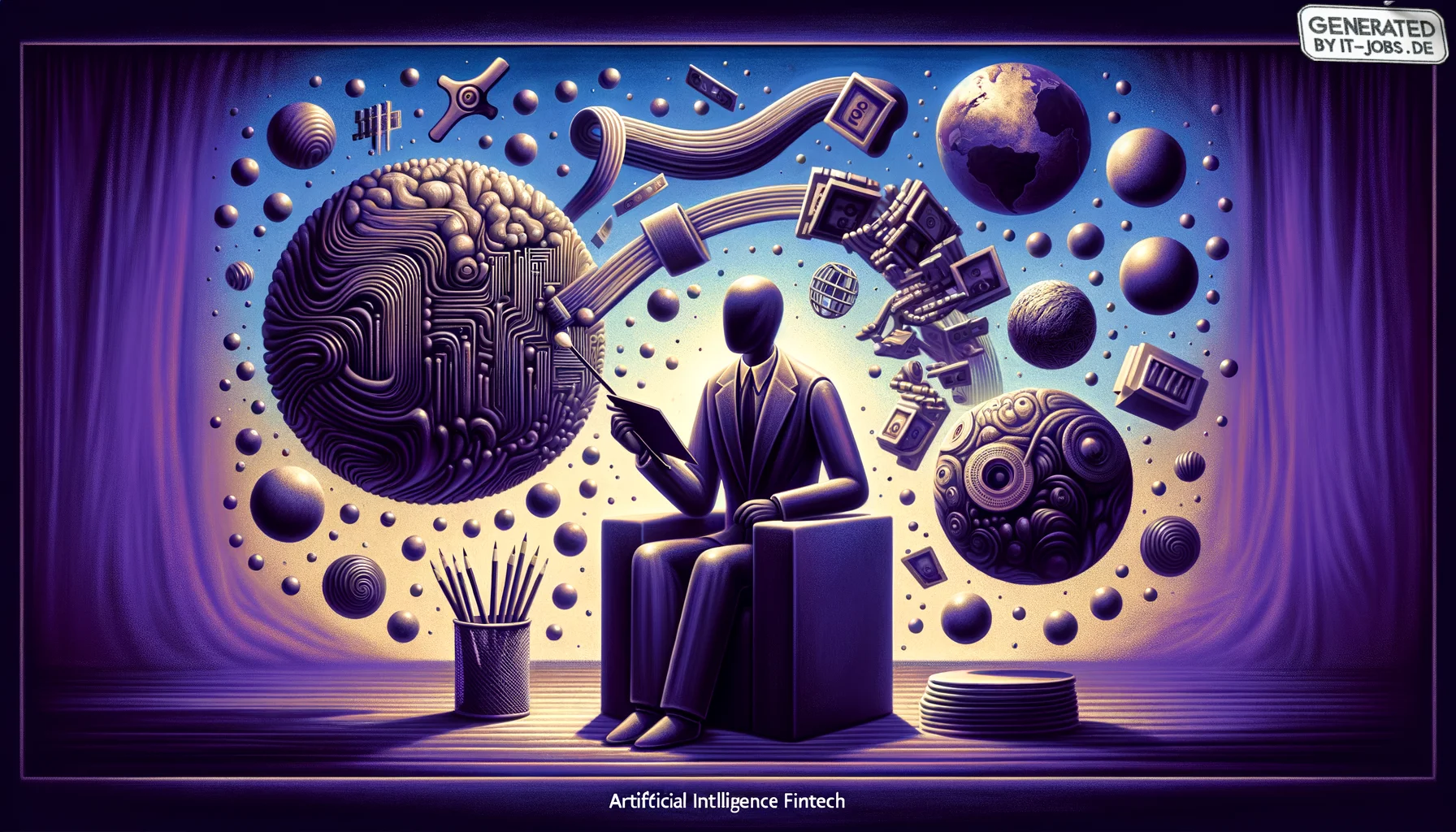 Spezialist für Künstliche Intelligenz in der Finanztechnologie, surrealism style, impossible objects, realistic materials, dark purple main theme