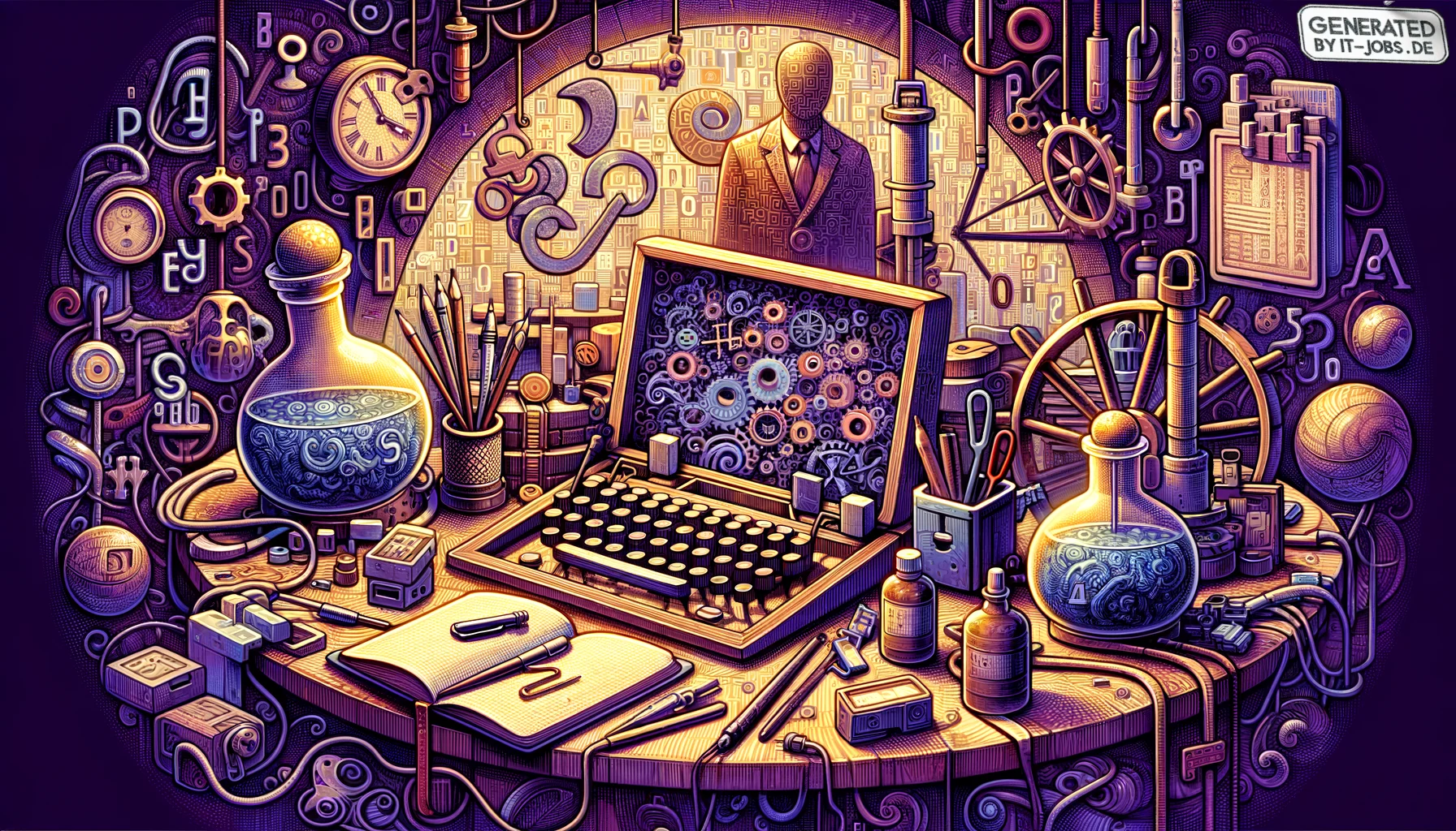 Spezialist für Kryptographie, surrealism style, impossible objects, realistic materials, dark purple main theme