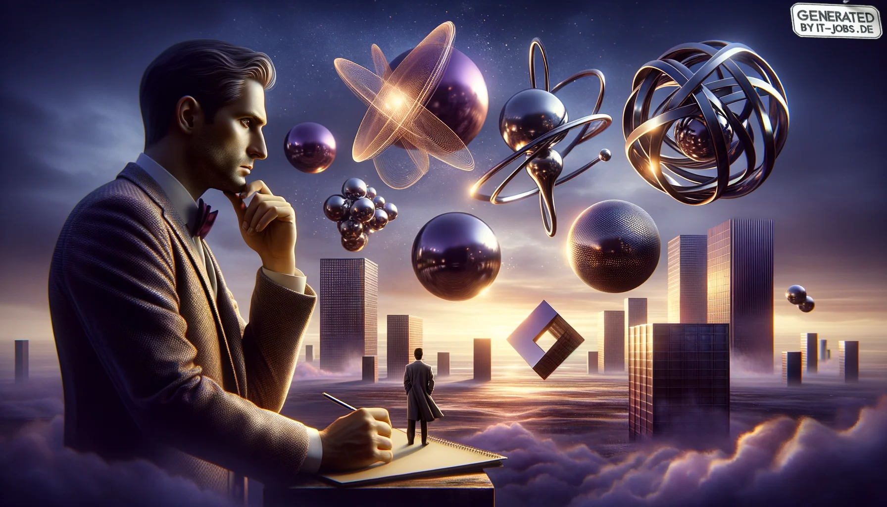 Solution Architect, surrealism style, impossible objects, realistic materials, dark purple main theme